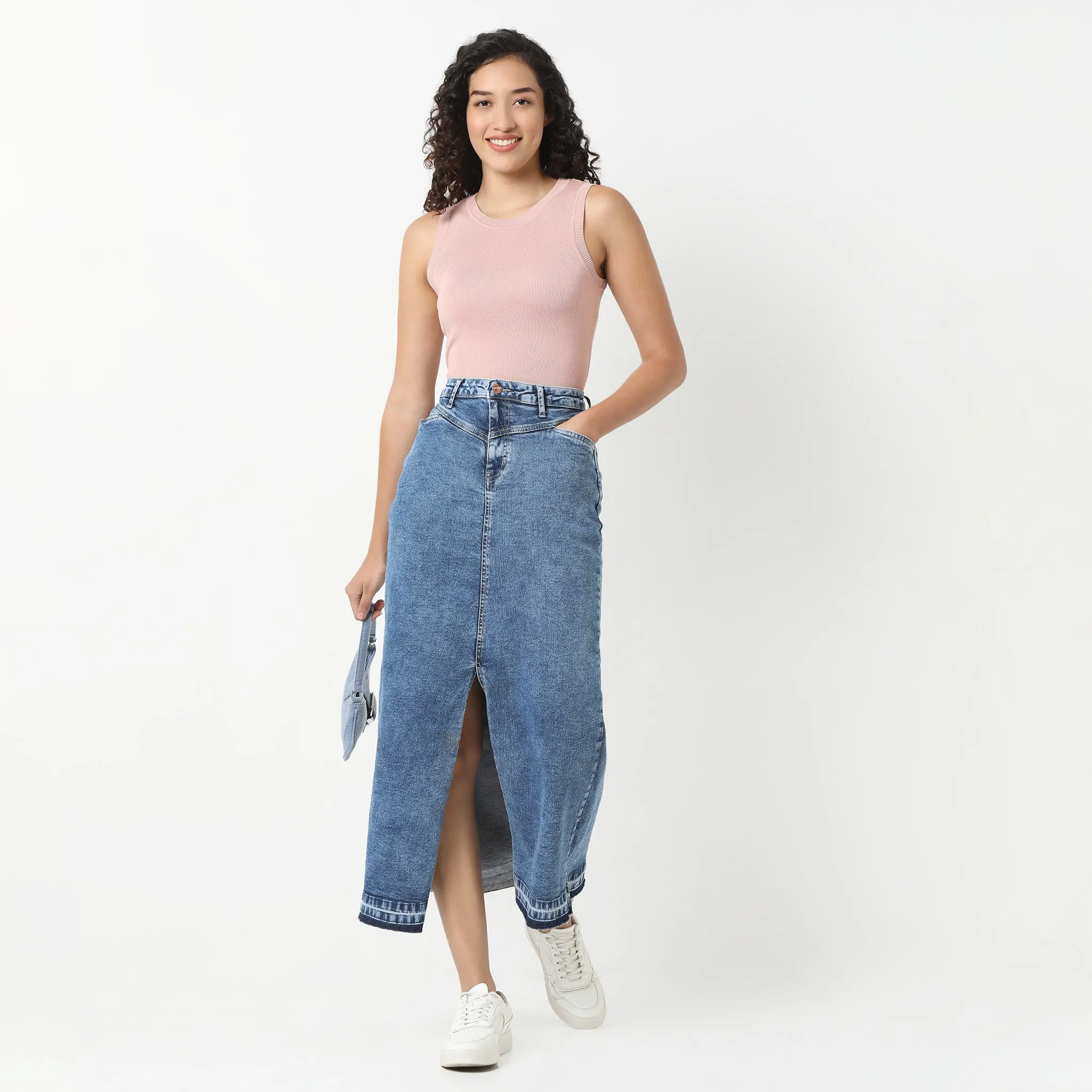 Denim Blue Skirt Streetwear Front Slit High Waist Long Skirts With Open Hem Chill Fit