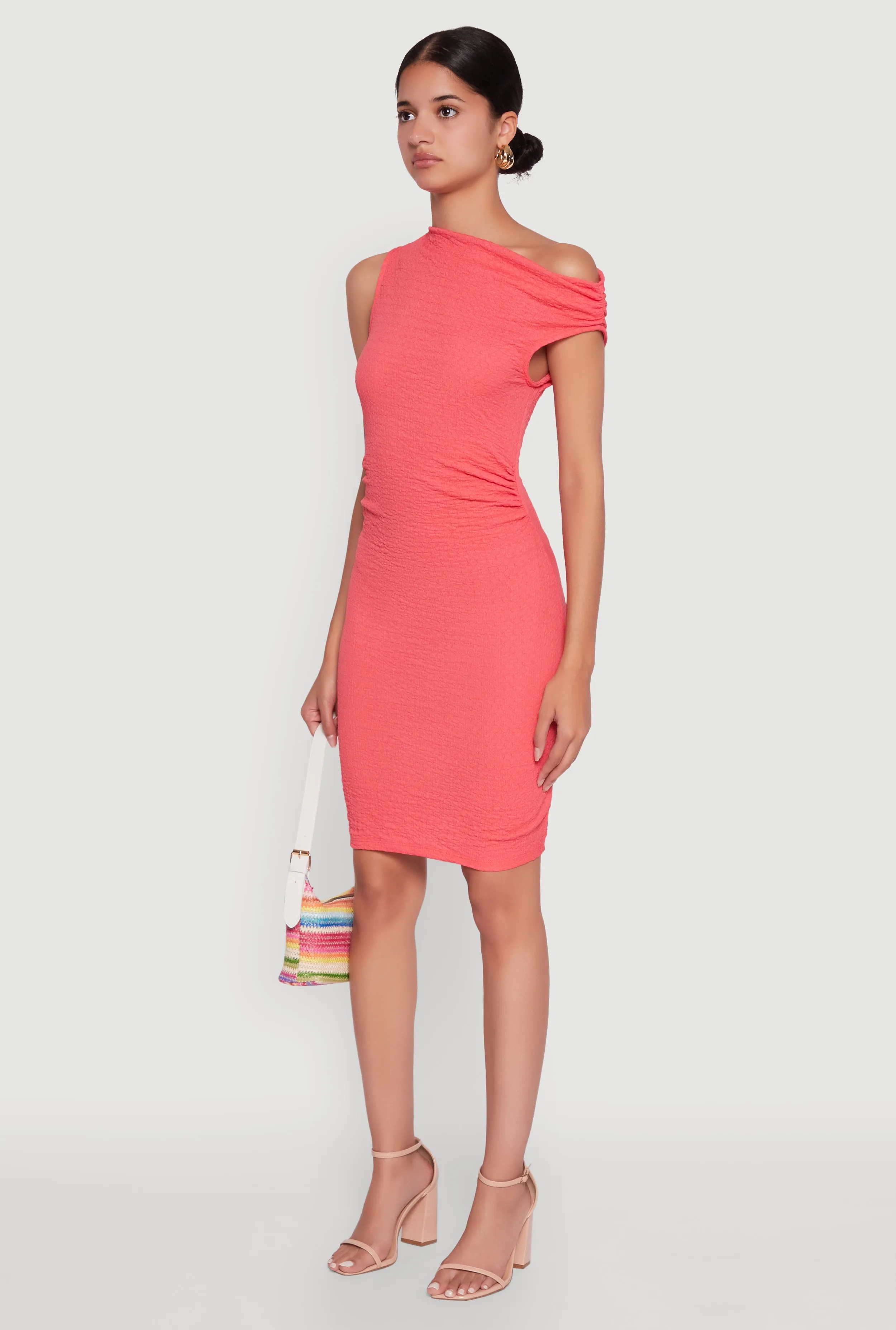 Minimalist Closure Urban Pop Textured Knit One Shoulder Bodycon Dress