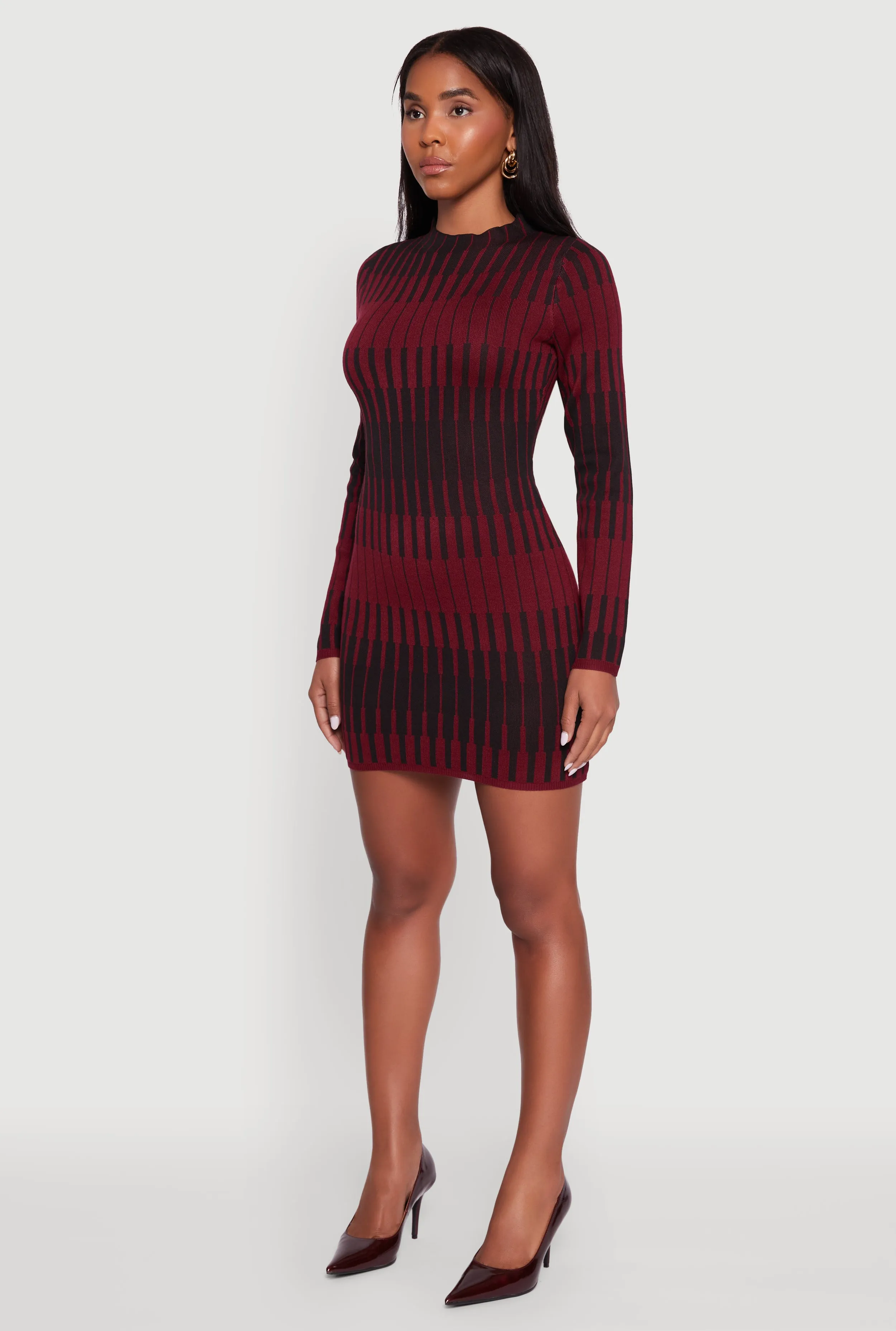 Trendy Mock Neck Striped Long Sleeve Sweater Dress Boho Look Sheer Panel Insertion
