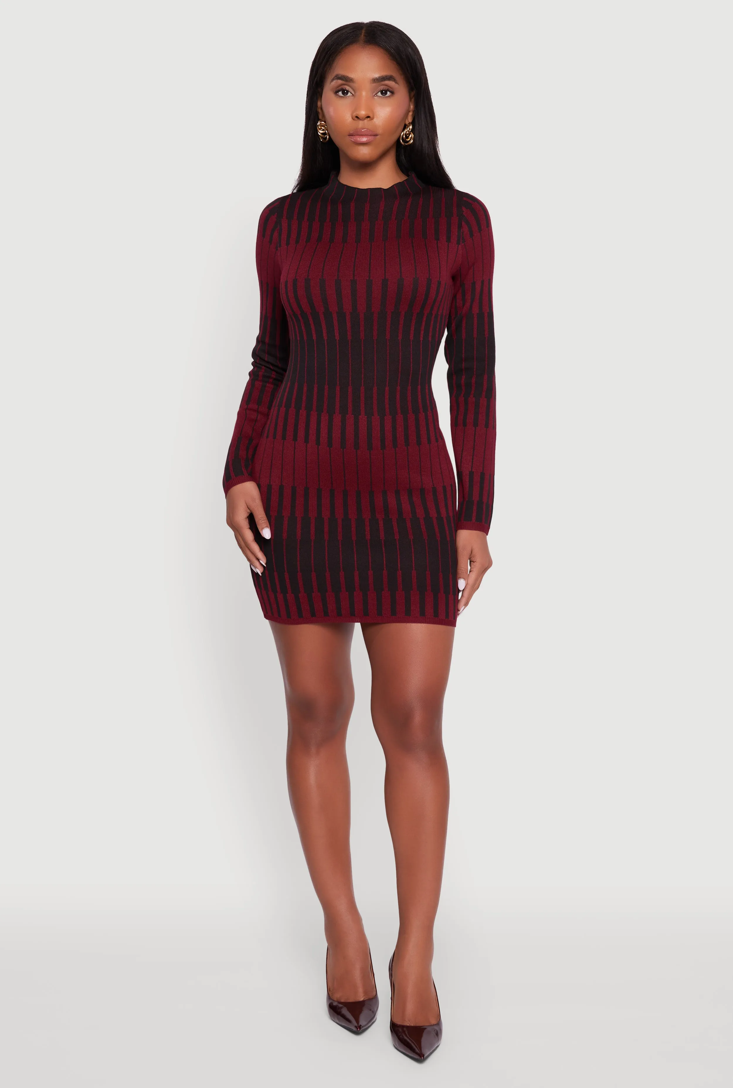 Trendy Mock Neck Striped Long Sleeve Sweater Dress Flirty Fit Moisture Management