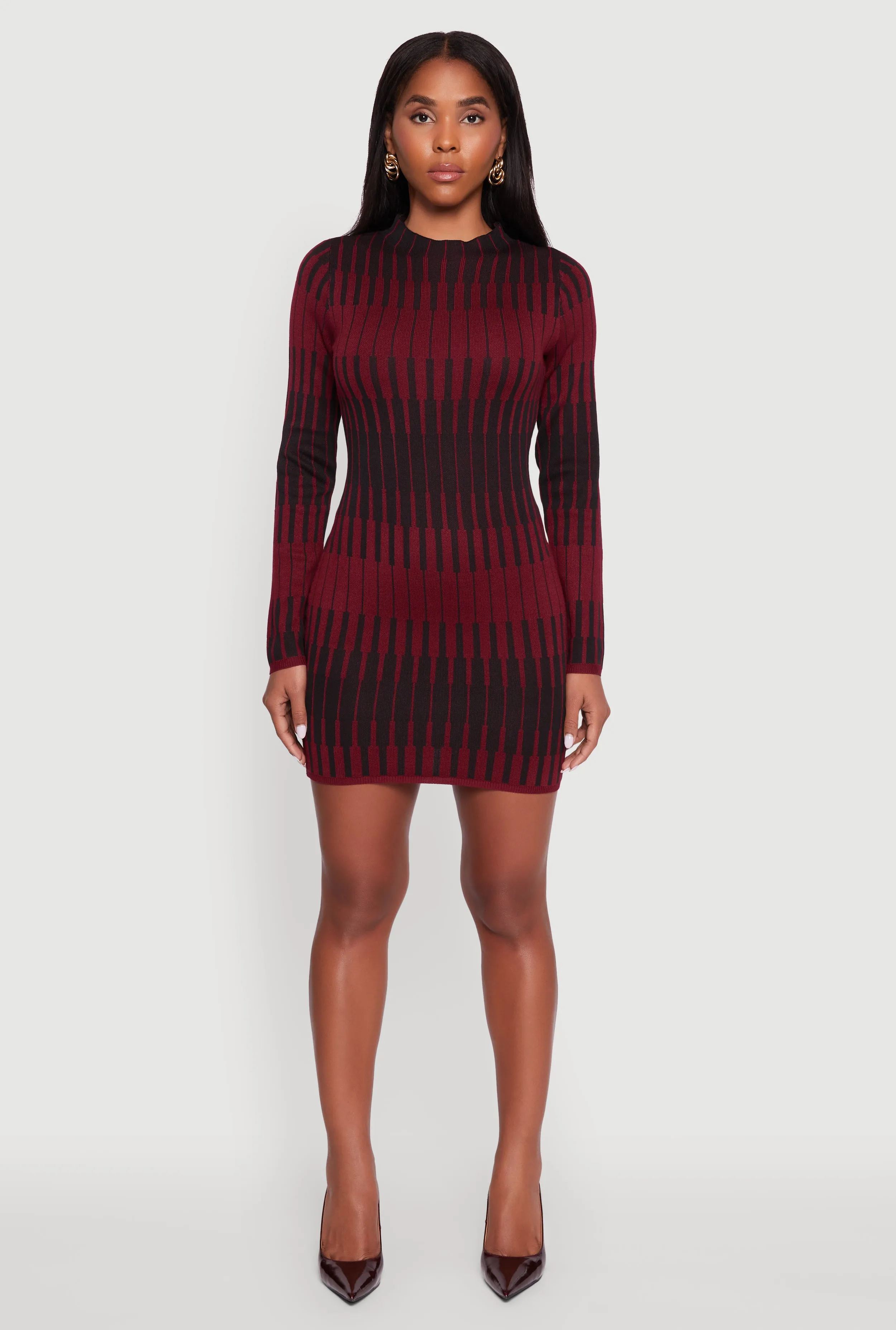 Trendy Mock Neck Striped Long Sleeve Sweater Dress Glow Fresh Shift Style