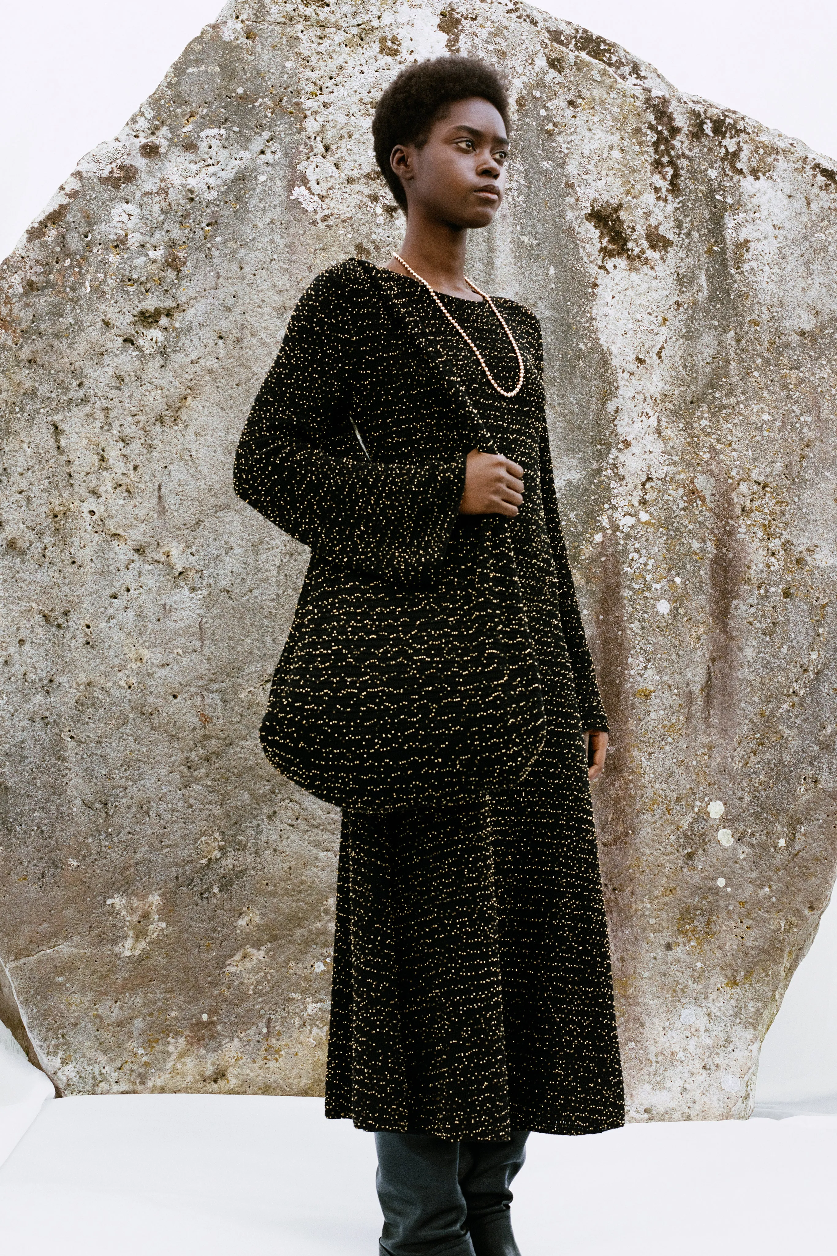 FadeResistant Dye Hope Fit Pan Knit Maxi Skirt in Black & Gold Beaded Cashmere