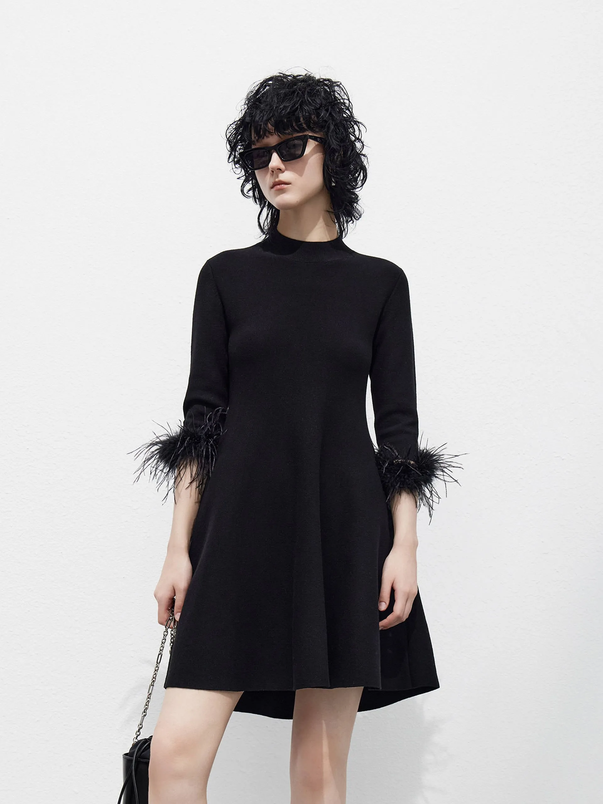 High Neck A-line Dress Bright patterned mini for spring Reinforced Stitching