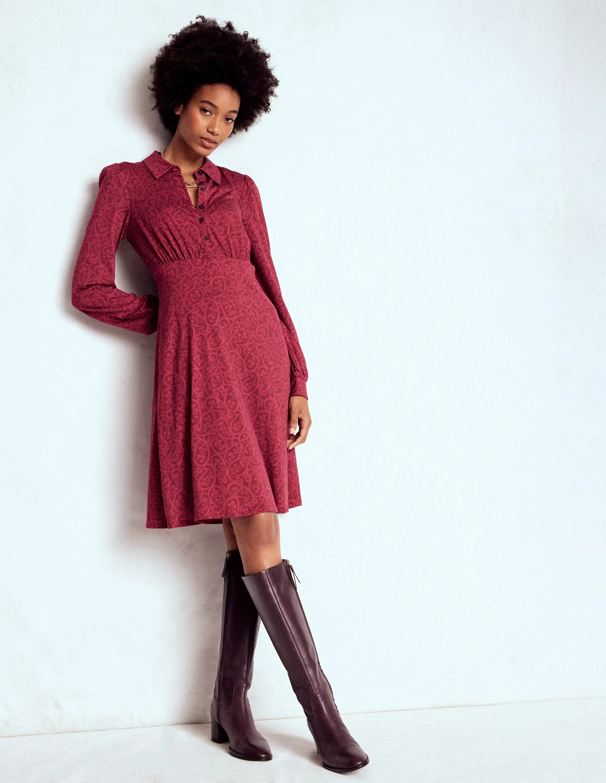 Orla Short Jersey Shirt Dress-Chestnut, Blossomy Paisley Day To Night On Trend Style