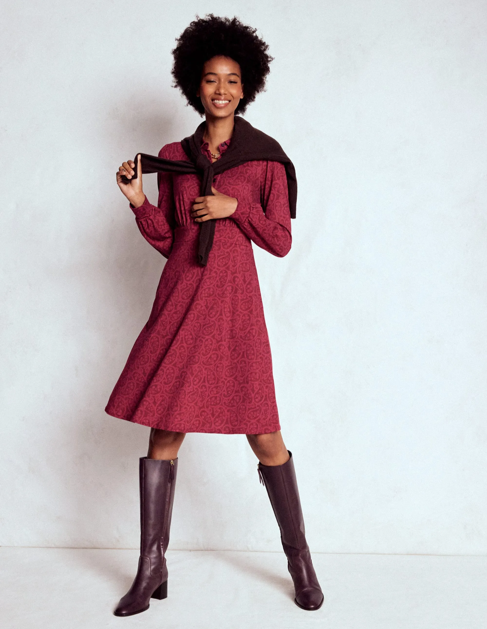 Orla Short Jersey Shirt Dress-Chestnut, Blossomy Paisley Flirty off-the-shoulder mini