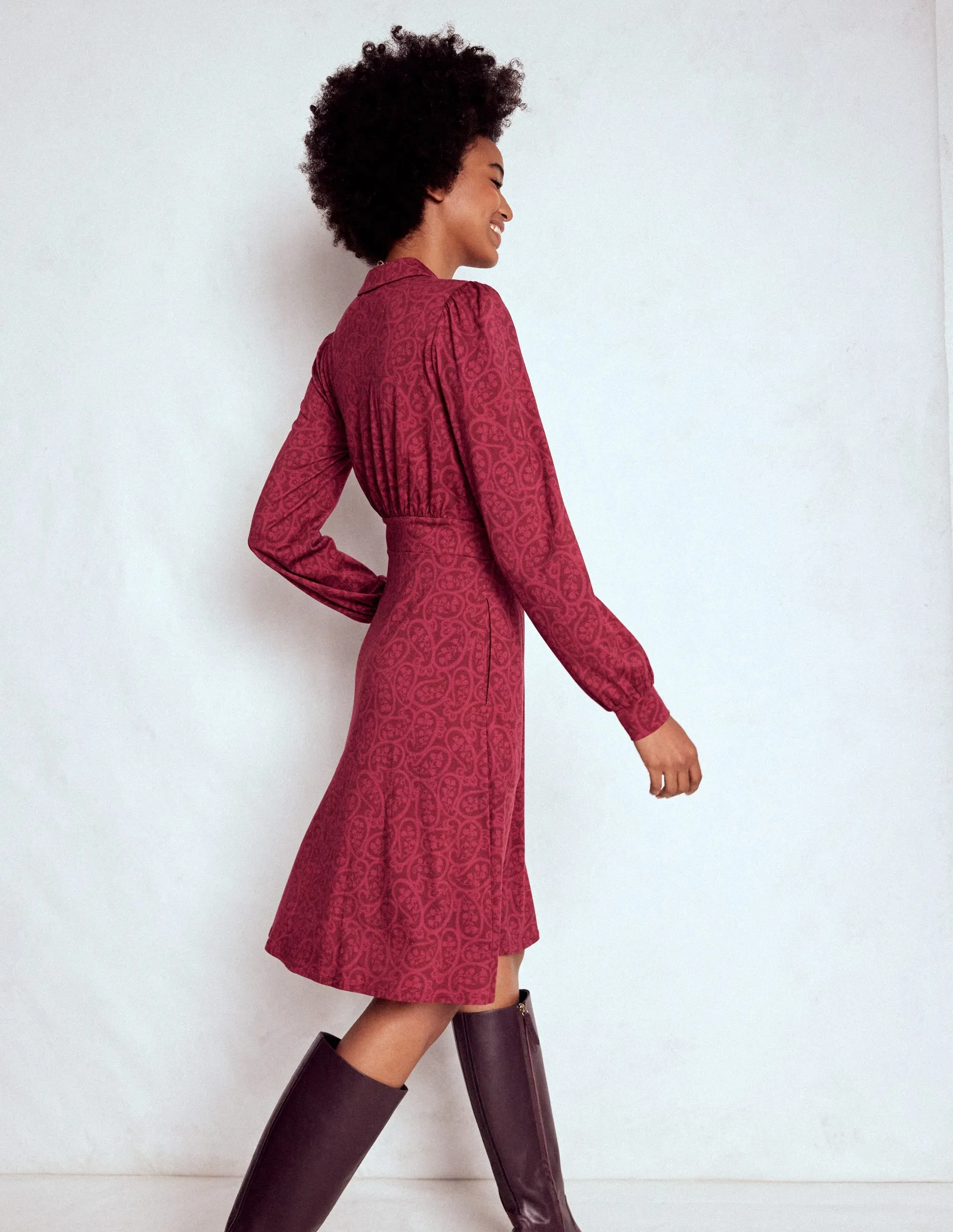Orla Short Jersey Shirt Dress-Chestnut, Blossomy Paisley Daytime casual mini Vibrant color