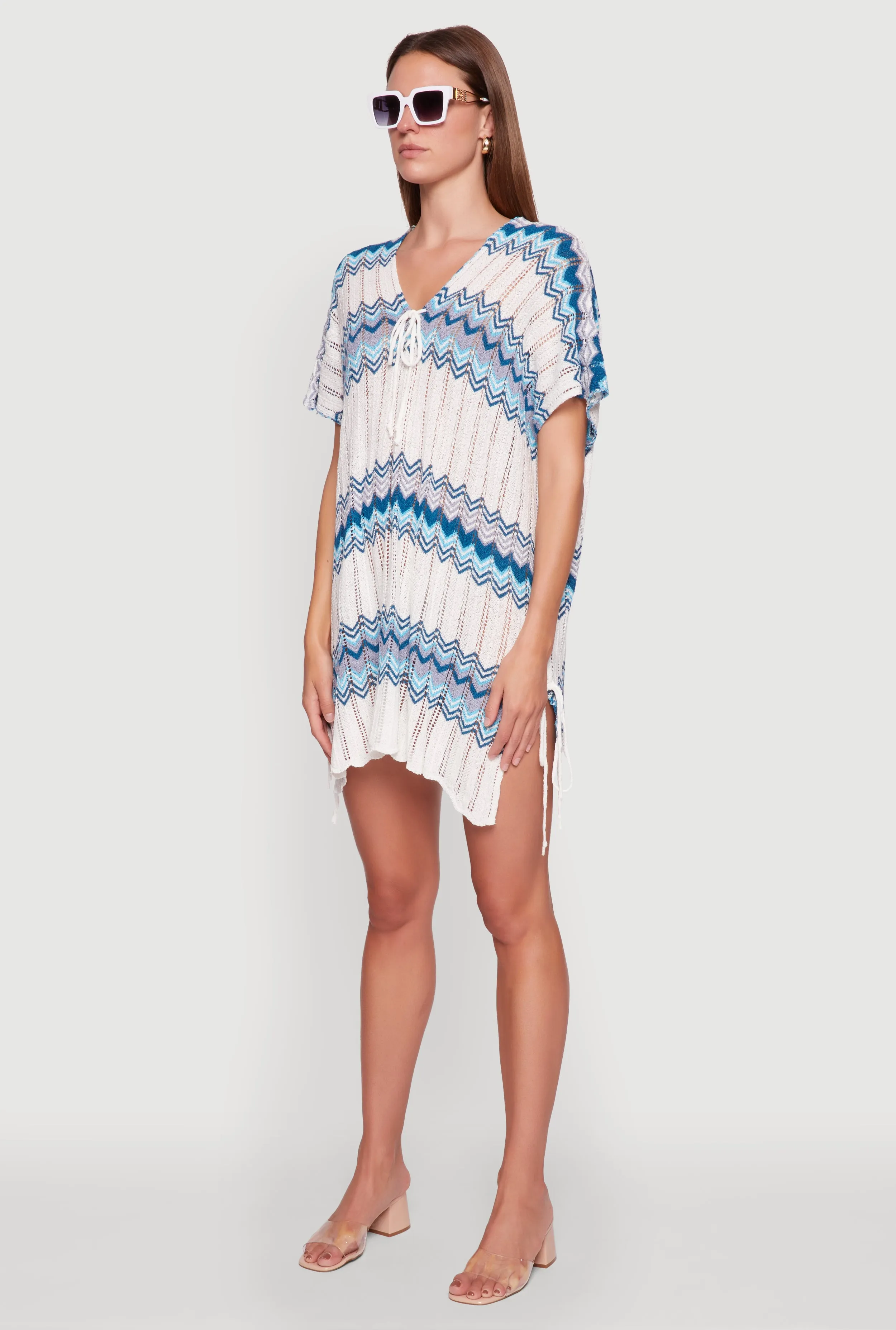 Shine Pop Stylish Crochet V-Neck Cover Up Dress with Tie Front