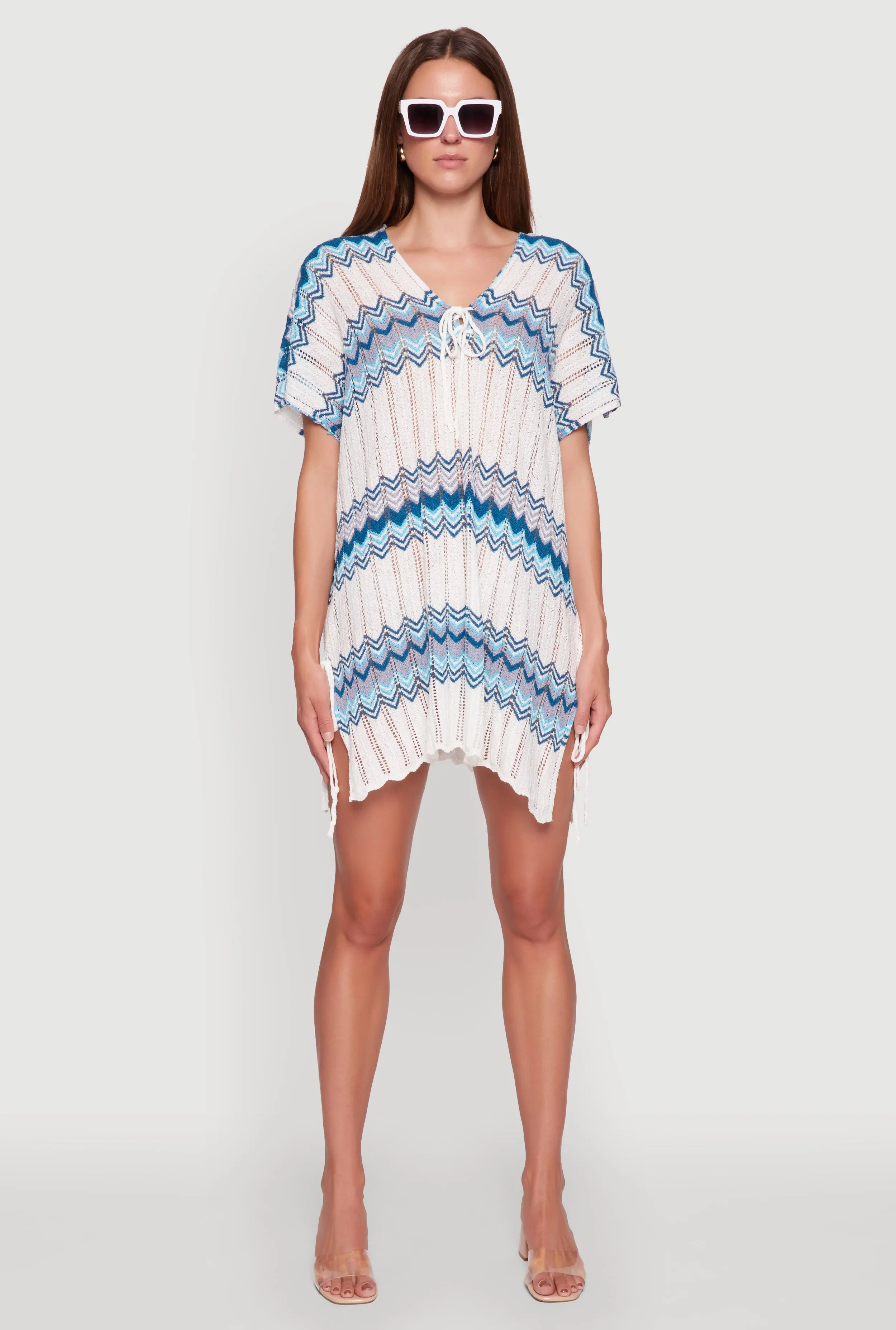 Stylish Crochet V-Neck Cover Up Dress with Tie Front Soft Touch