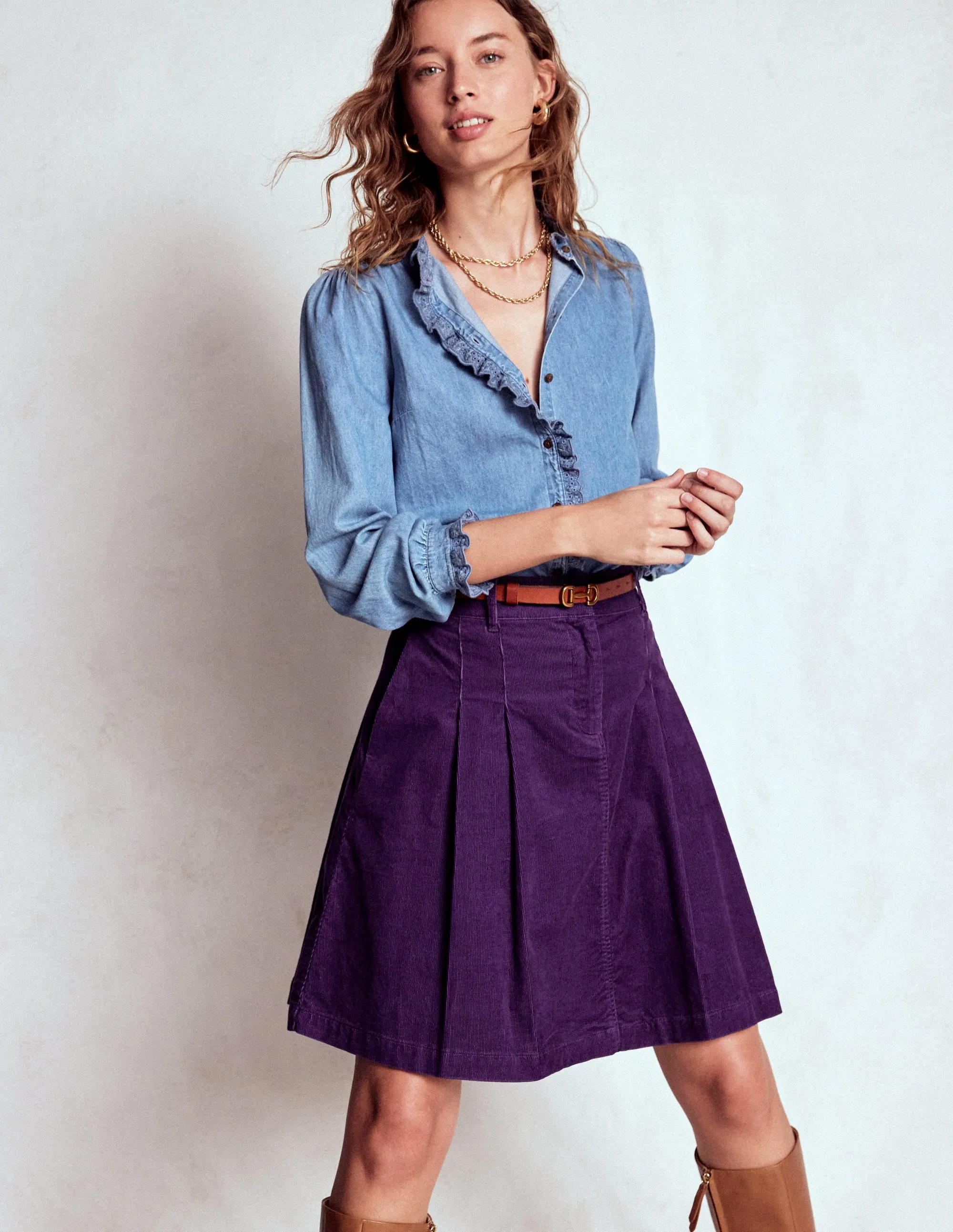 Pleated Cord Skirt-Mystical Purple Slip Resistant Waist