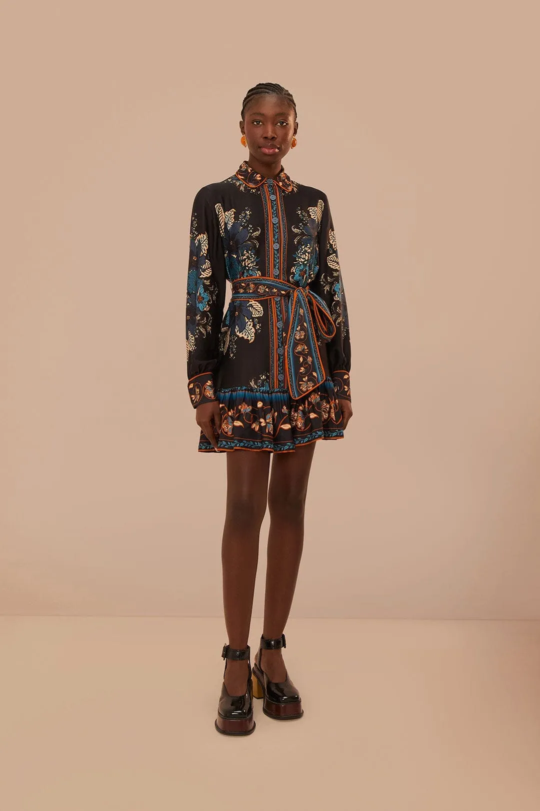 Black Blossom Tapestry LENZING? ECOVERO? Viscose Mini Dress Cozy Comfort Slit Thigh Modification