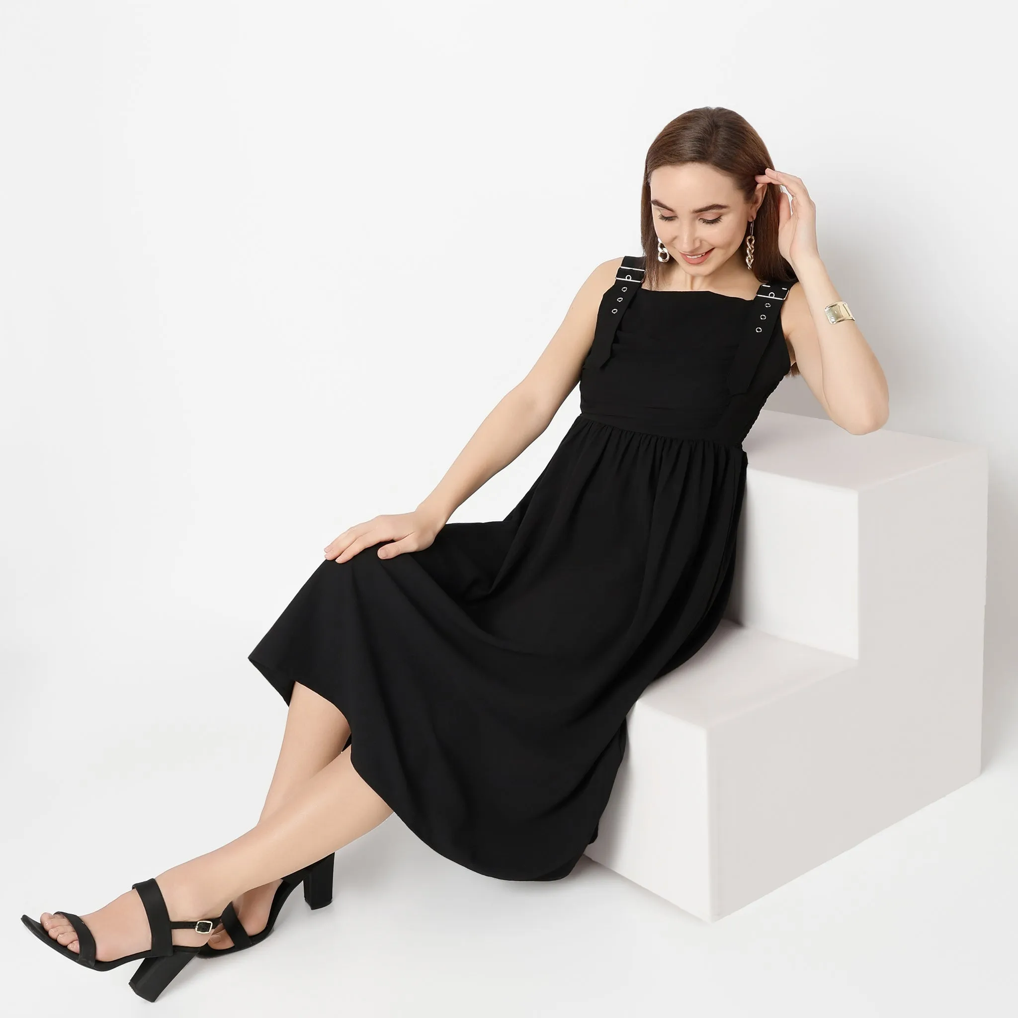 LowMaintenanceMaterial ReflectiveDetails Square Neck Calf Length Solid Flare Fit Strap Dress