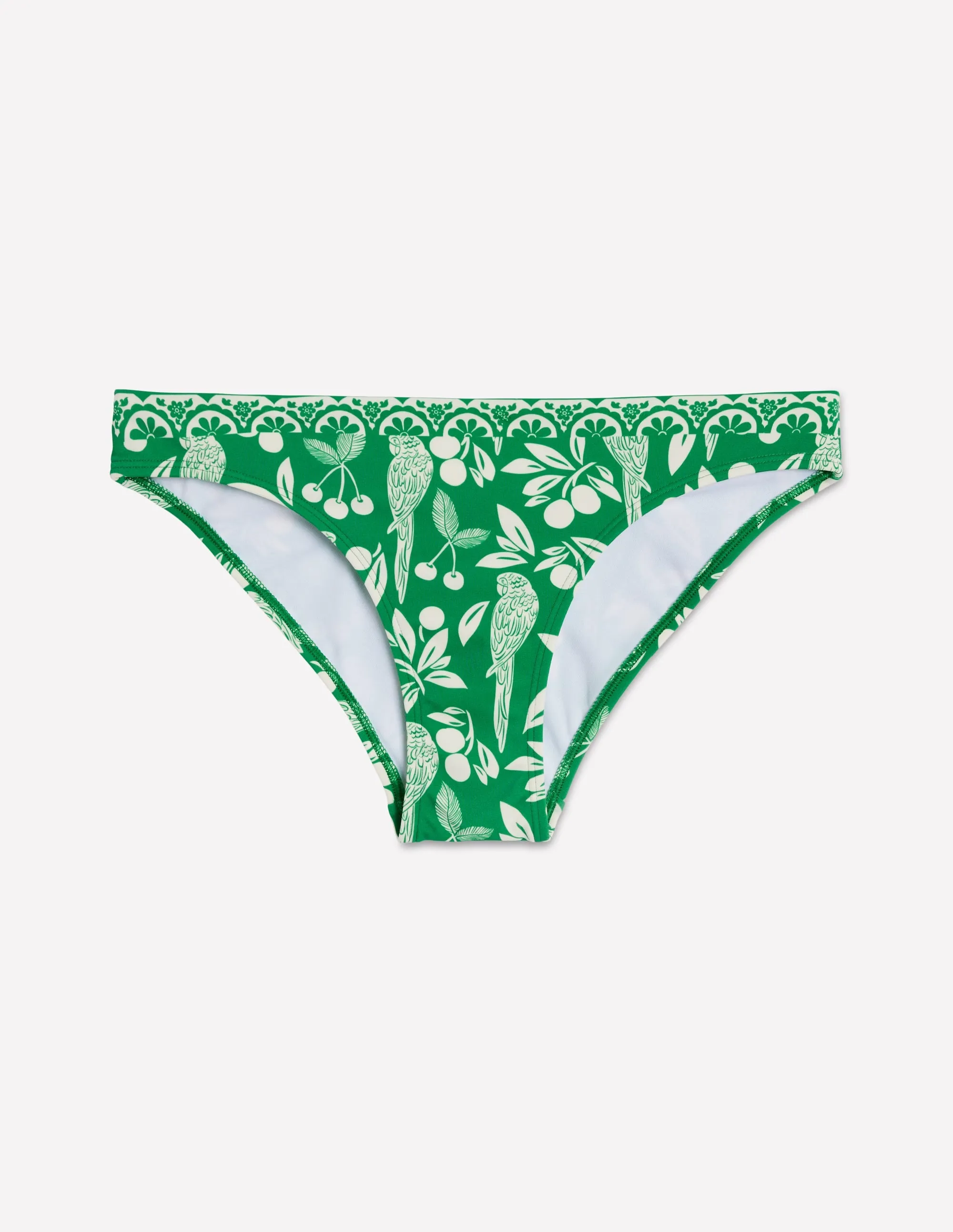 Classic Bikini Bottoms-Rich Emerald, Ornate Tropic Easy Care Material Cross Back Strap Design