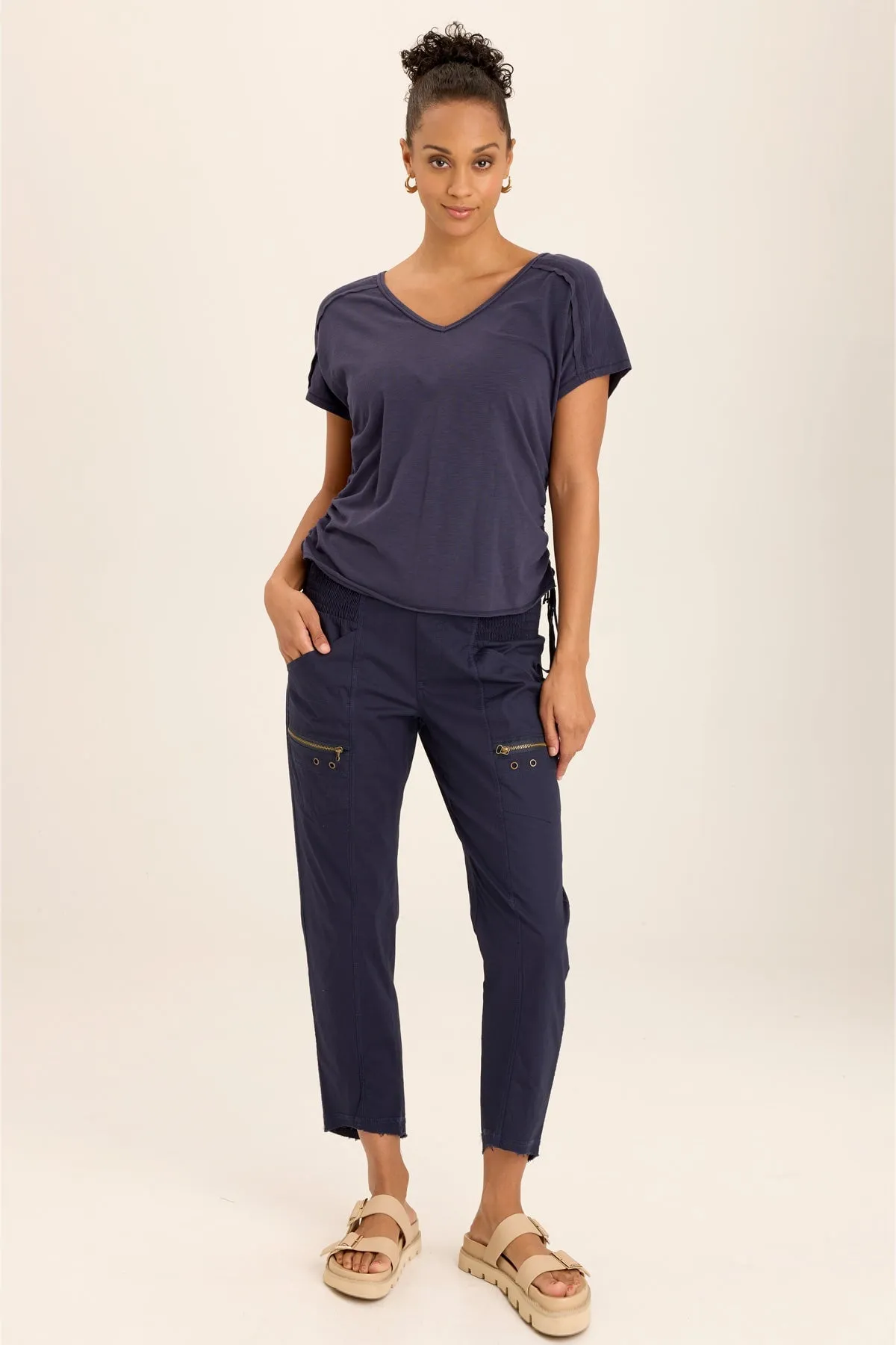 Diggory Cinched Cord V-Neck Jersey Tee Soft Inner Lining Clear Tone