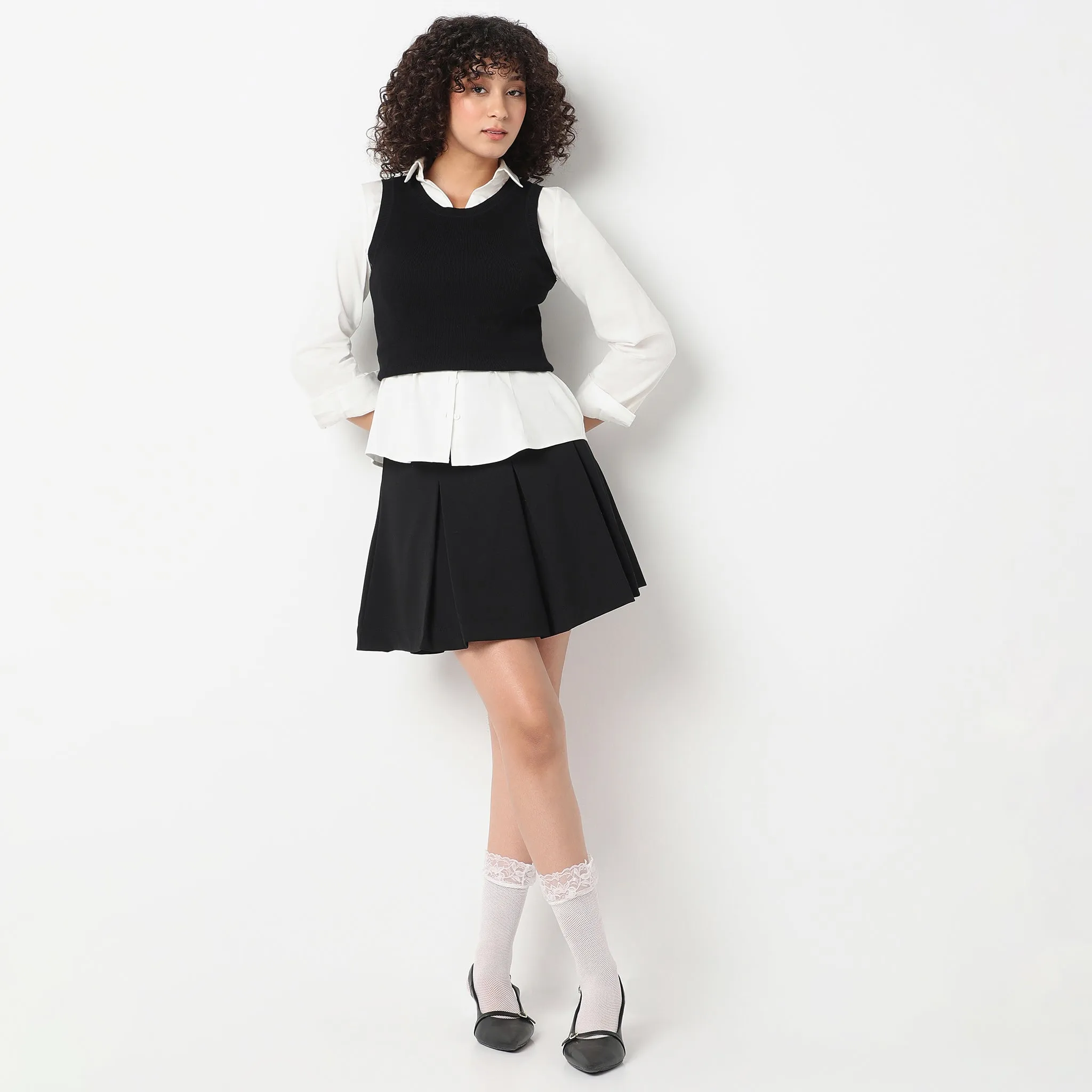 Style Mood Above Knee High Rise Pleated Flared Skirt