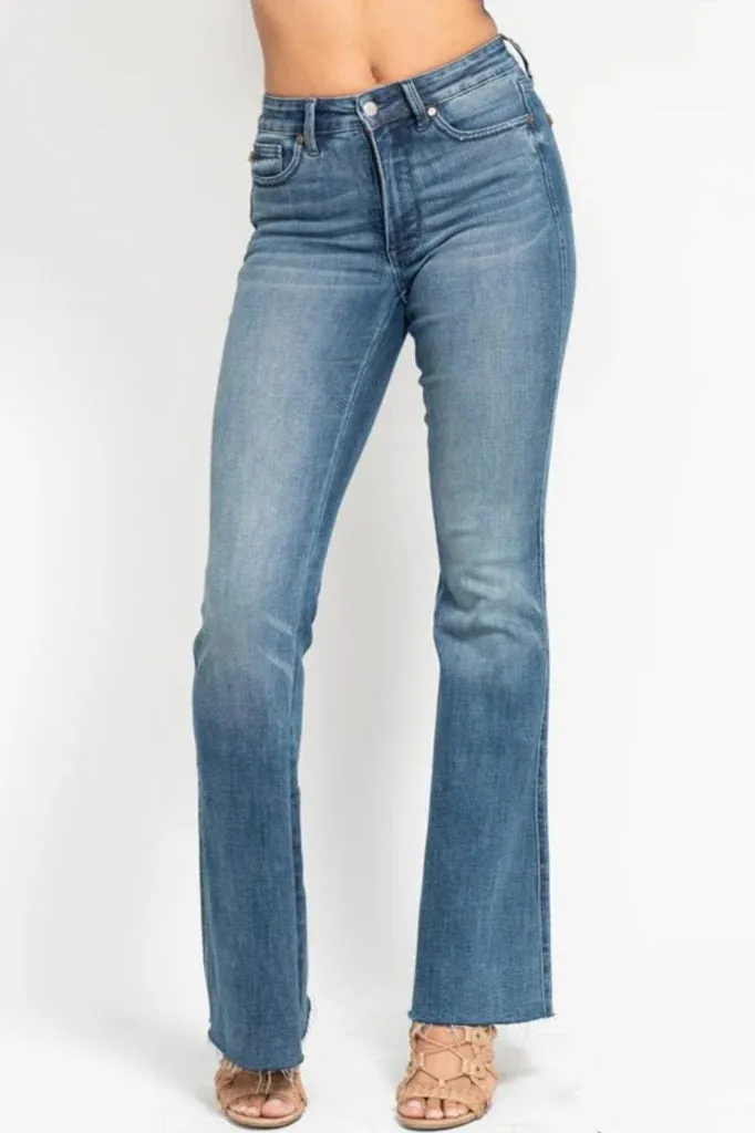 Pure Tone Judy Blue Mid Rise Tummy Control Raw Hem Flare