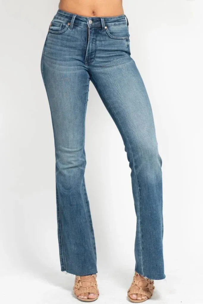 Judy Blue Mid Rise Tummy Control Raw Hem Flare Harbor Style Sport Ease