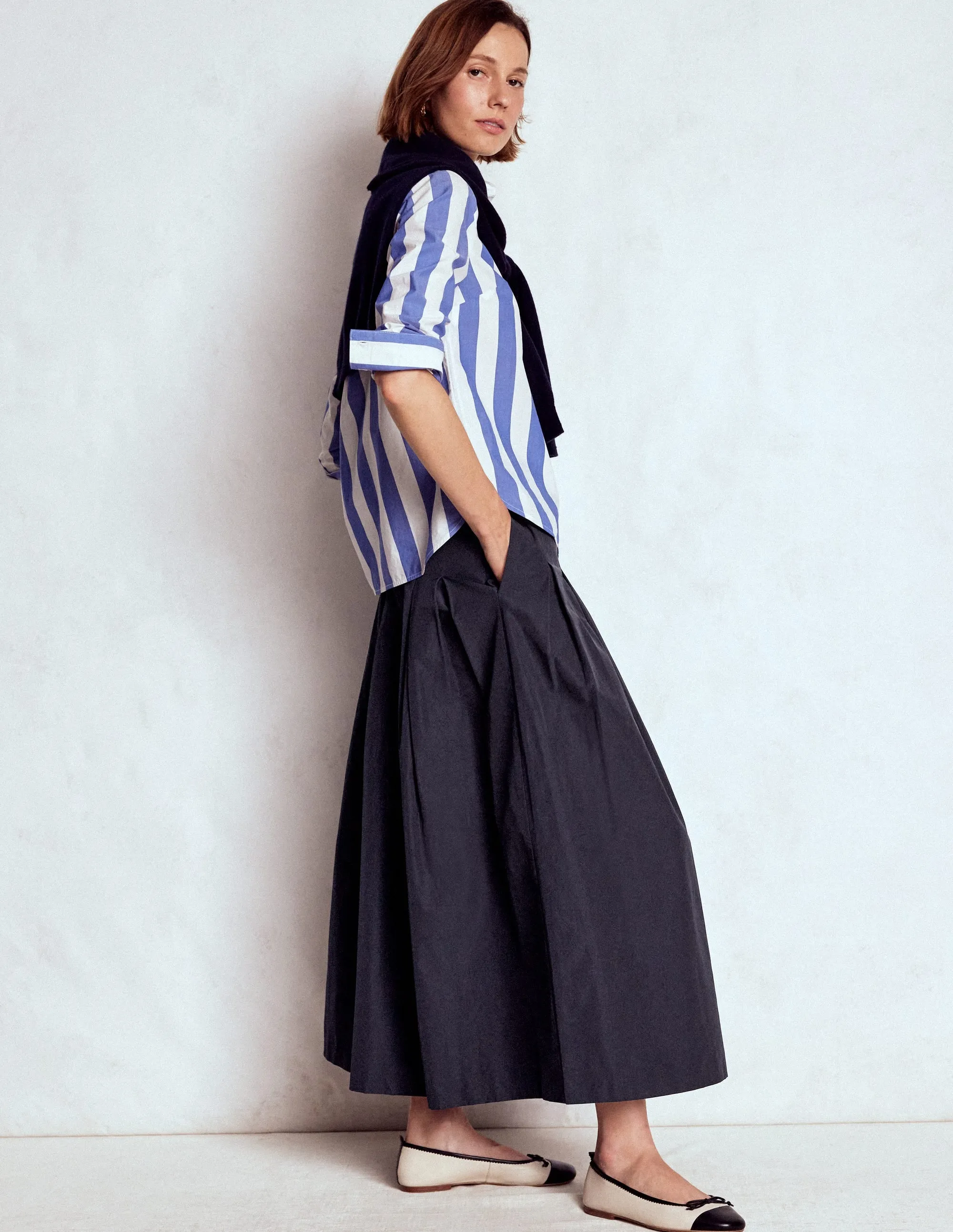 Valentina Taffeta Midi Skirt-Navy Figure Flattering