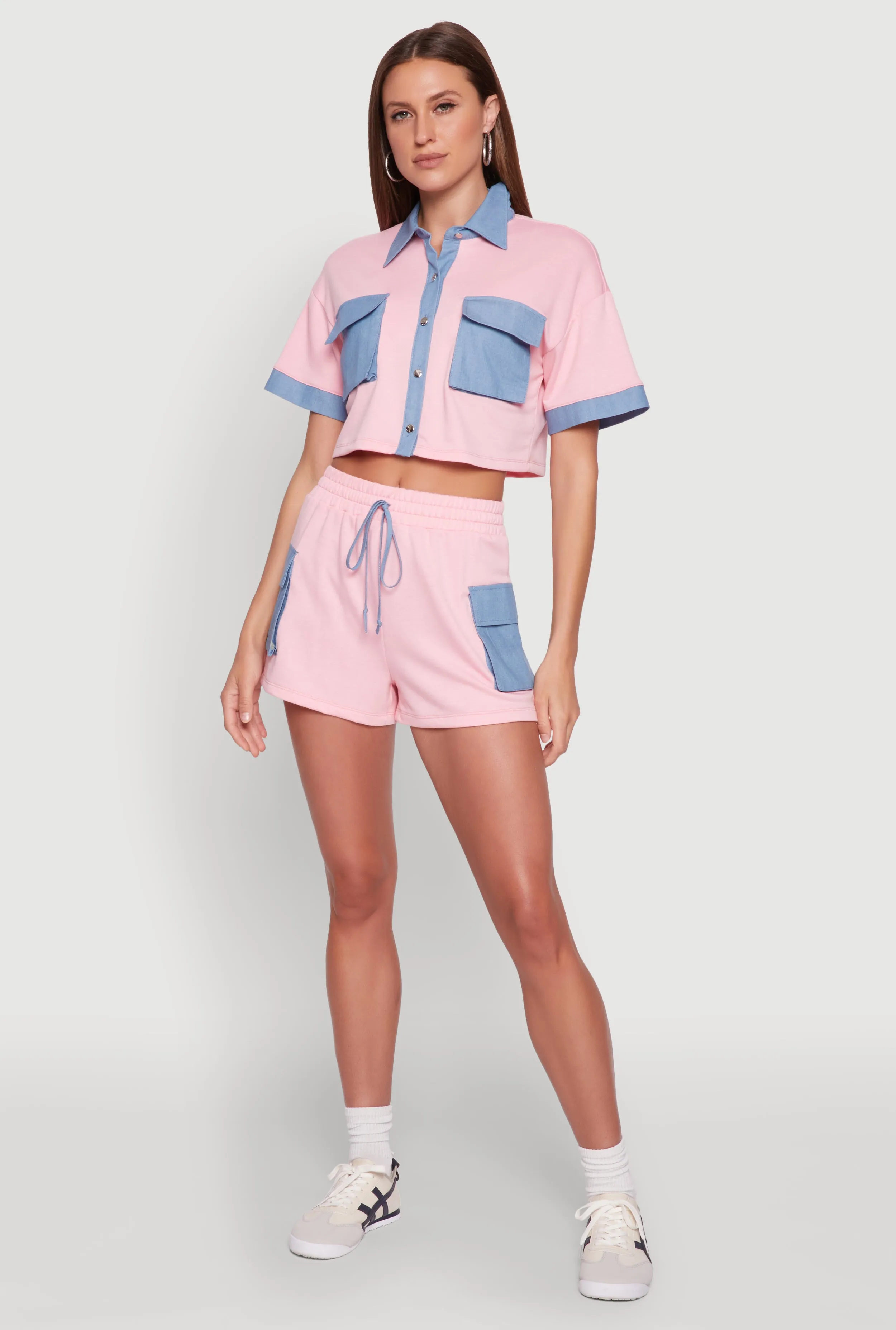 Chambray Cargo Pocket Sweatshorts Daily Wear Yarn Dyed Pattern