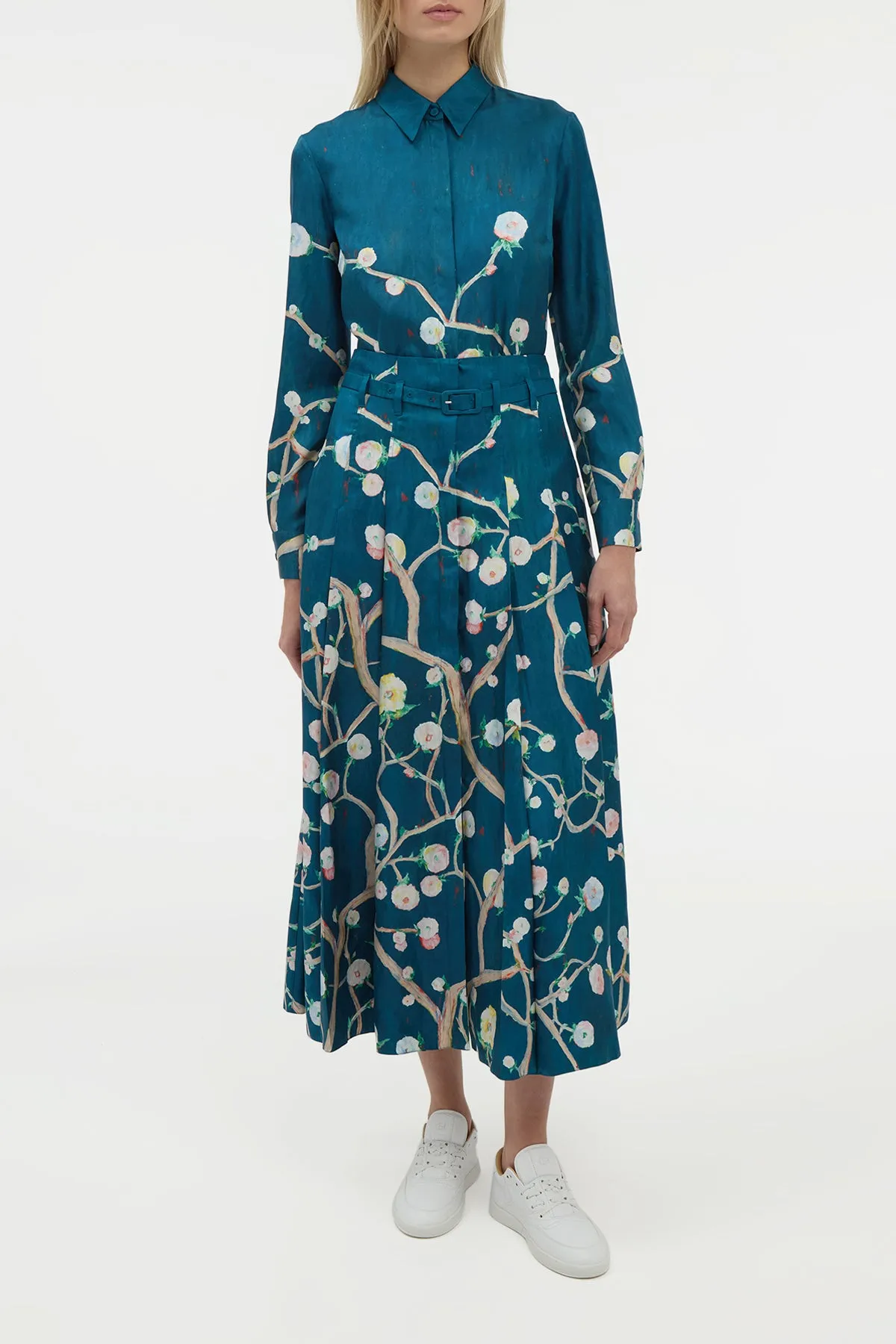 Dugald Pleated Midi Skirt in Blue Multi Printed Silk Twill Machine wash safe