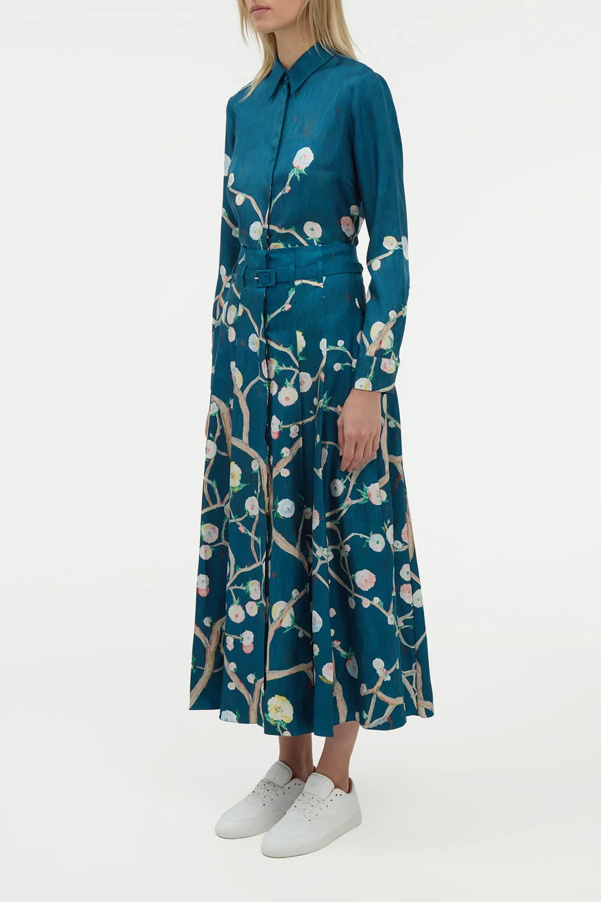 Dugald Pleated Midi Skirt in Blue Multi Printed Silk Twill Abrasion resistant