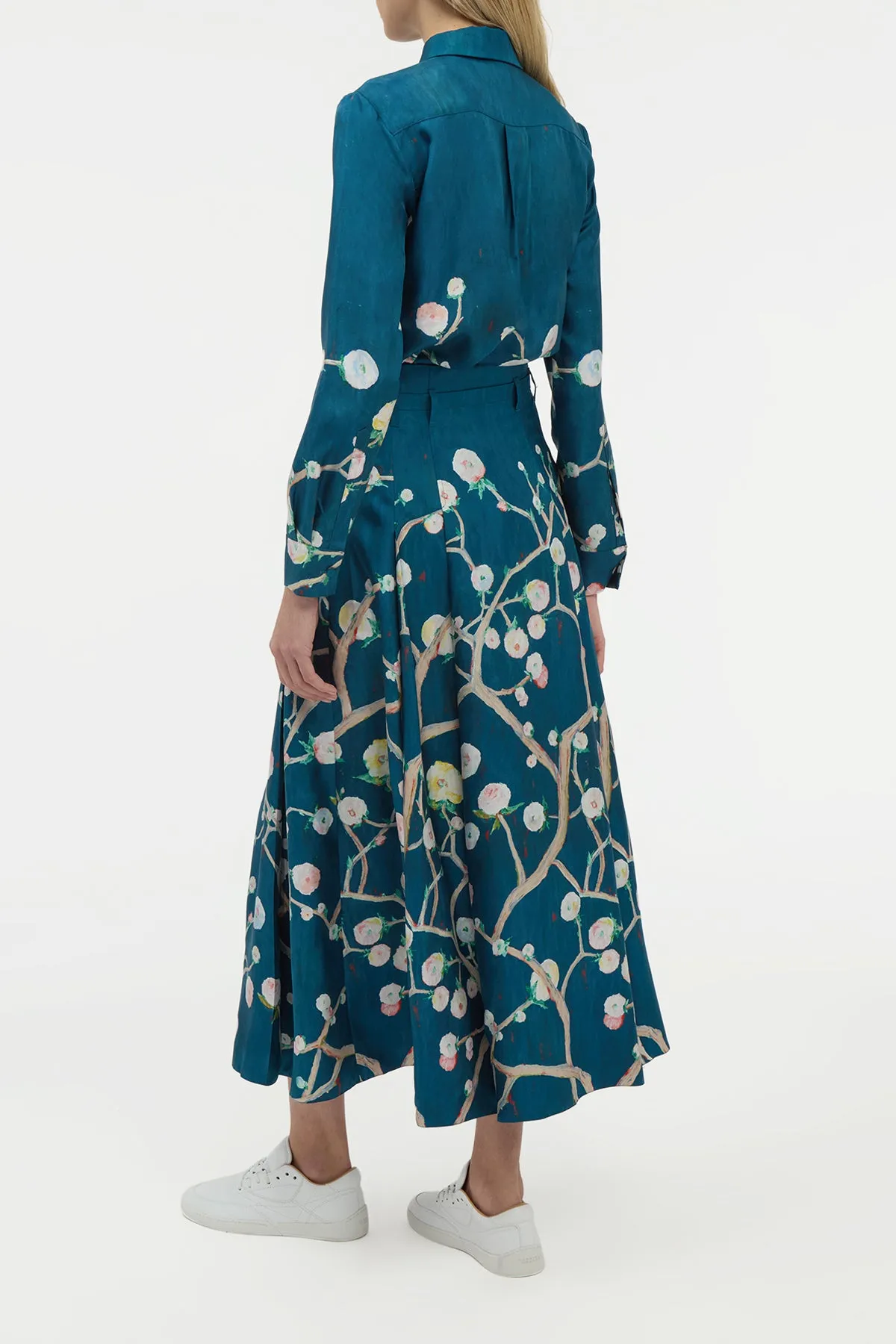 Dugald Pleated Midi Skirt in Blue Multi Printed Silk Twill Balanced Outfit