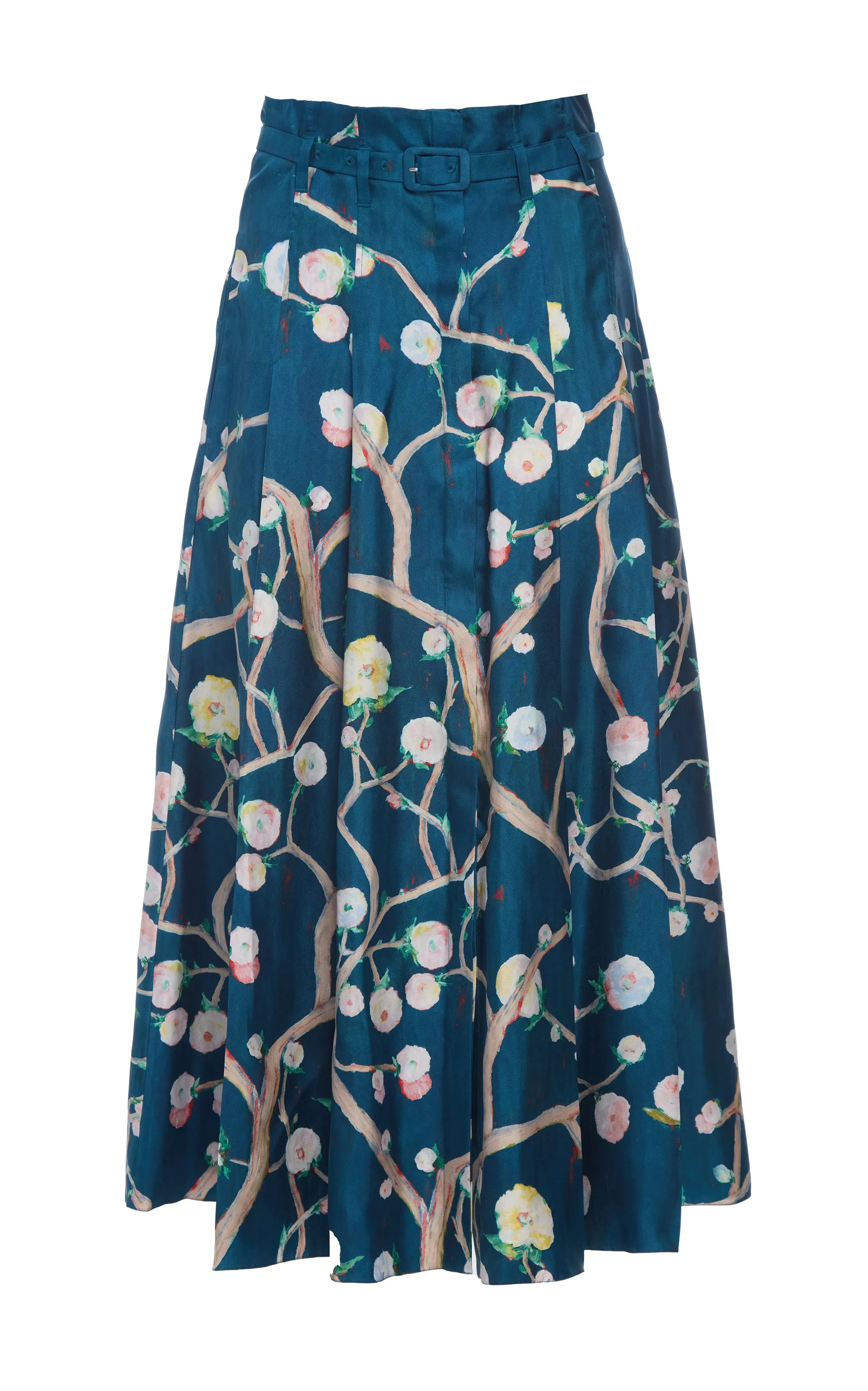 Photo Fit Creative Flow Dugald Pleated Midi Skirt in Blue Multi Printed Silk Twill
