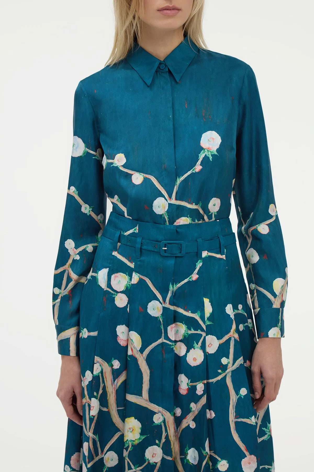 Cyber Core Dugald Pleated Midi Skirt in Blue Multi Printed Silk Twill