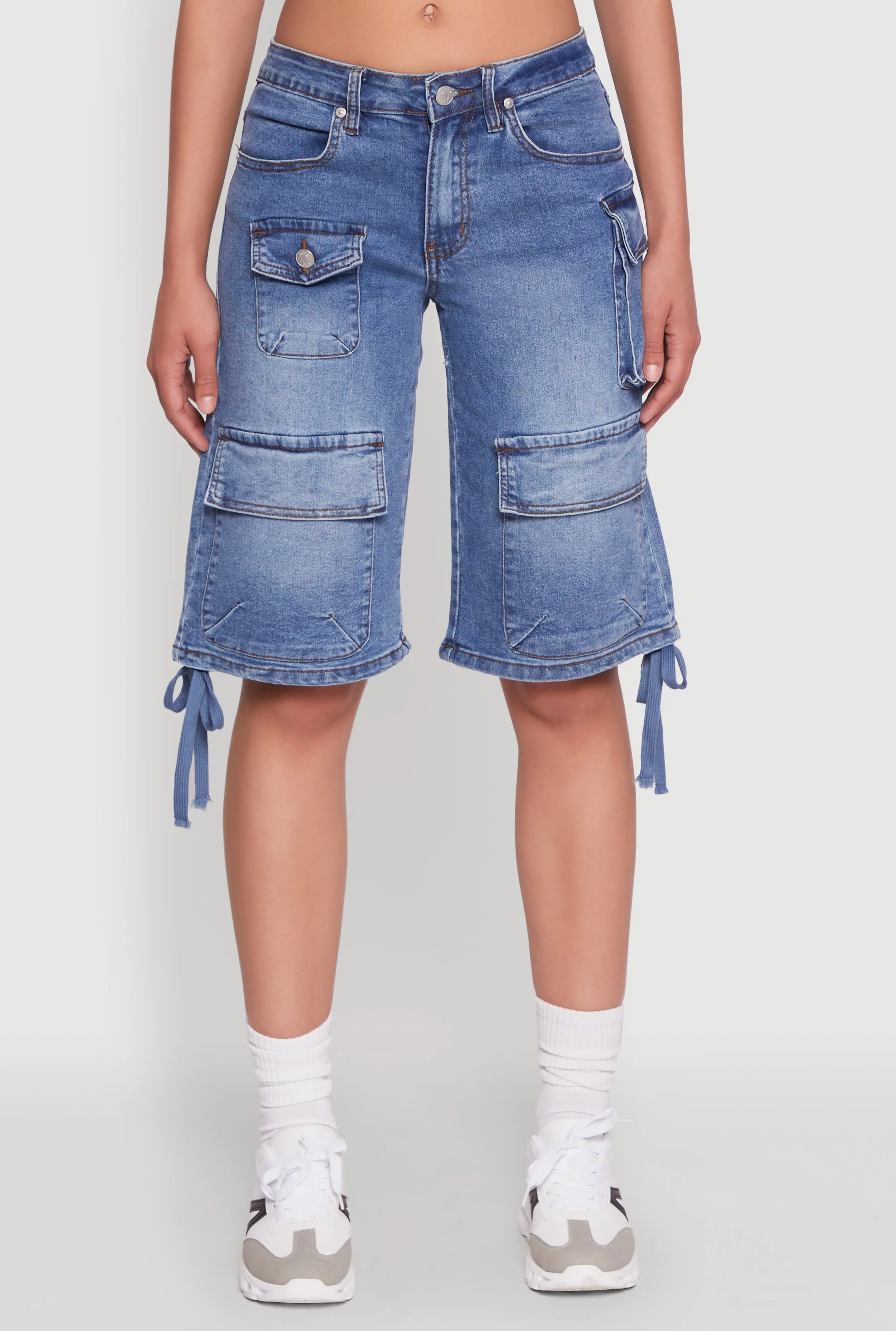 Unisex Design Lace trim Madden Girl Denim Bermuda Shorts with Cargo Pockets