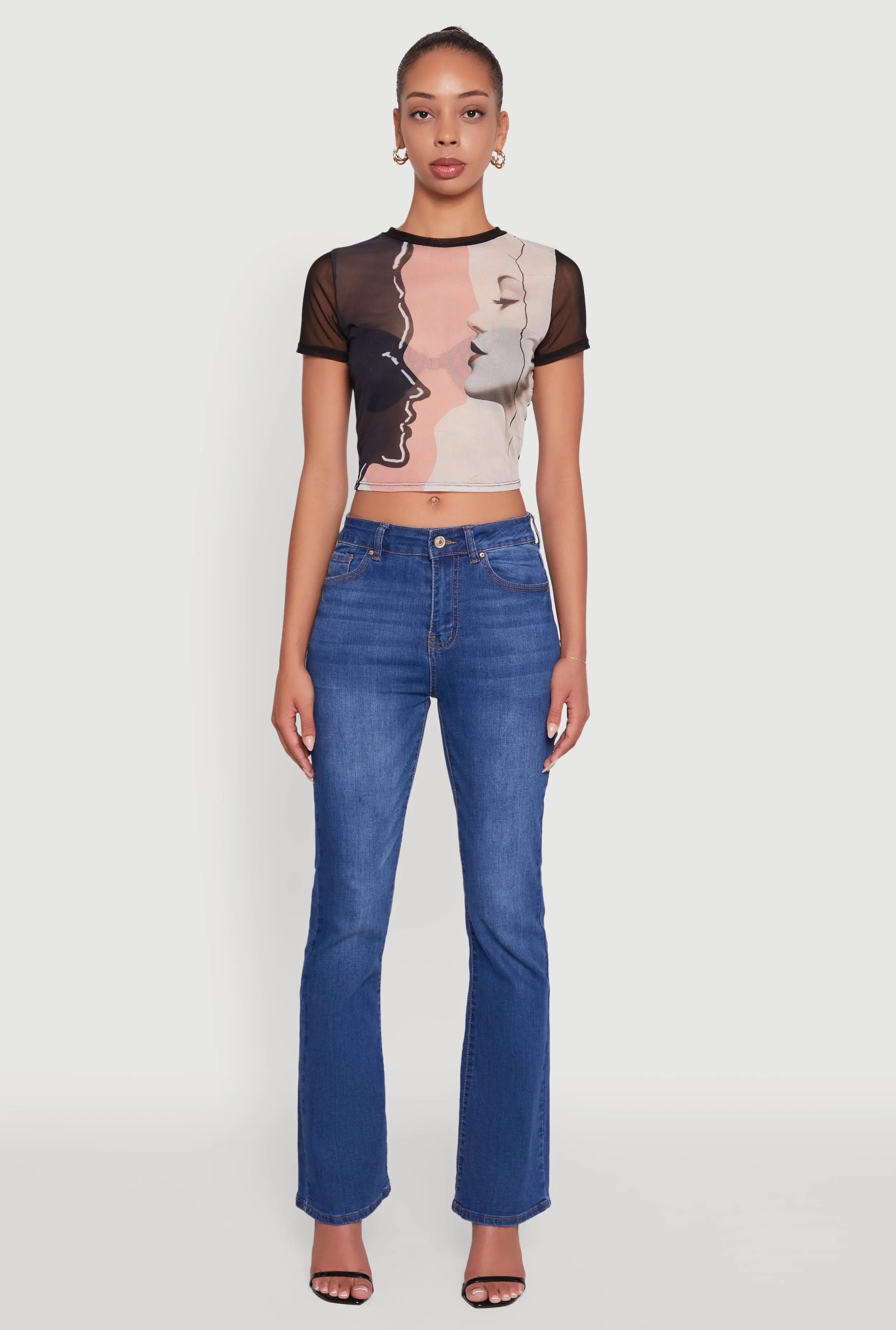 Mesh Faces Graphic Print Crop Tee Layering Options Chic Comfort