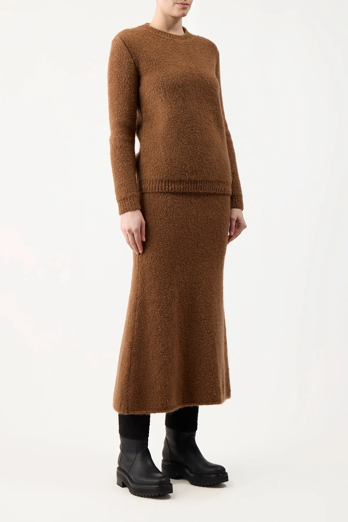 Fur Fit Pablo Knit Midi Skirt in Cognac Cashmere Silk Boucle