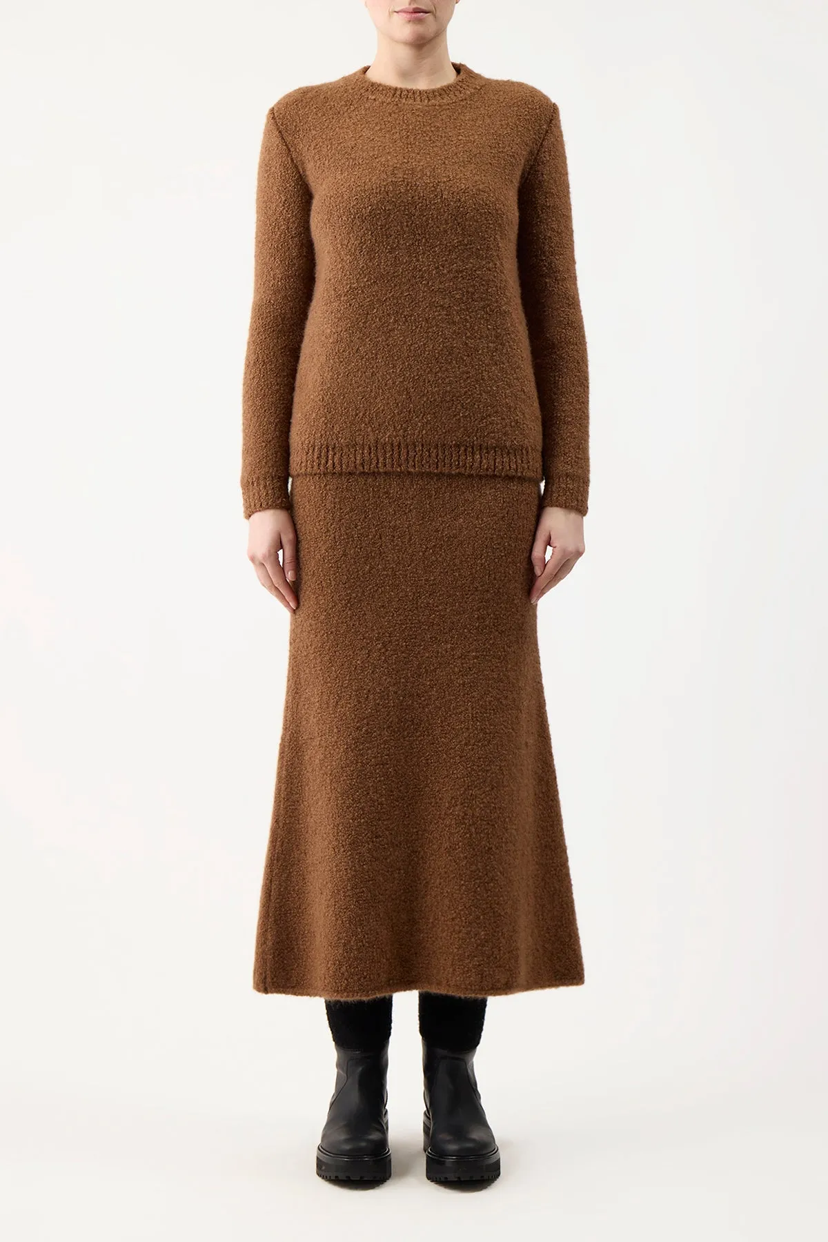 Pablo Knit Midi Skirt in Cognac Cashmere Silk Boucle Wool blend