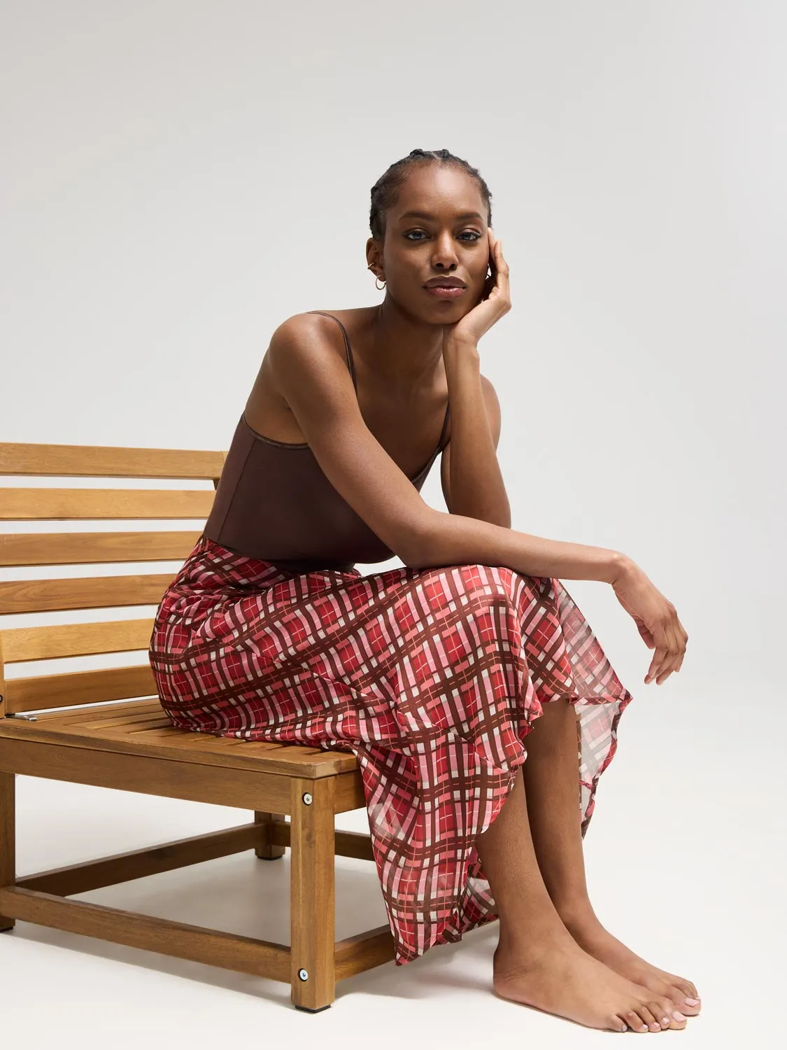Plaid Chiffon Skirt Weekend Look Silk Touch