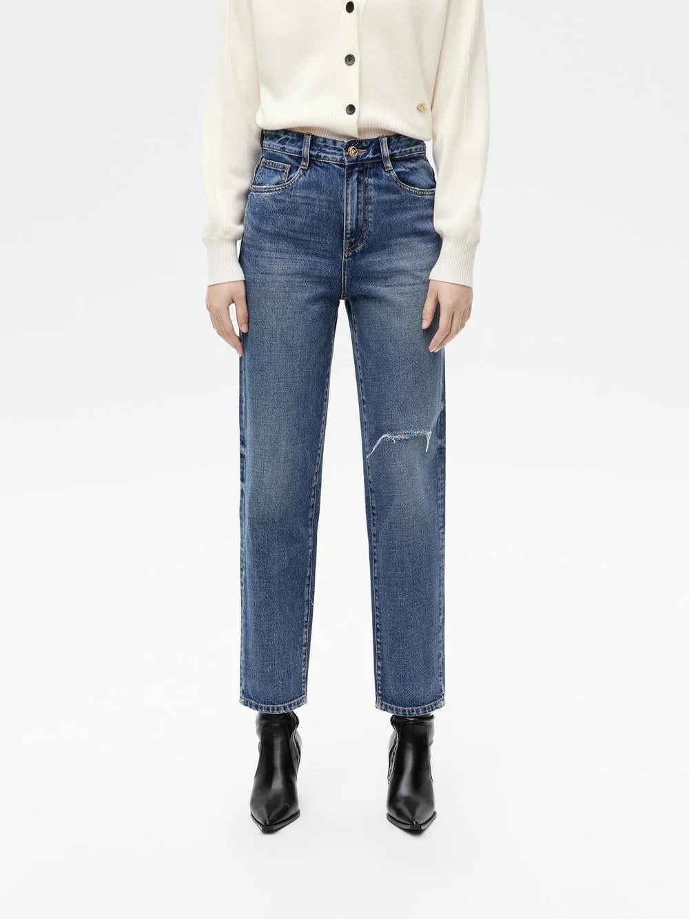 Ripped Detail Tapered Jeans Straight Cut
