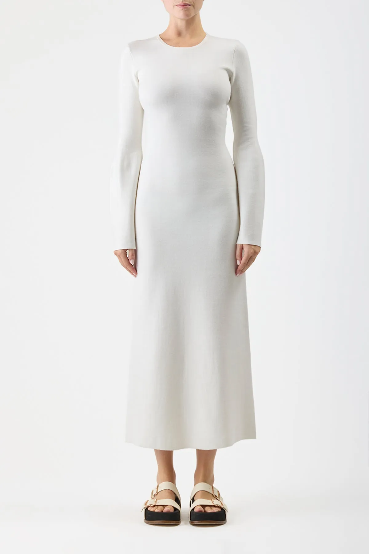 Windproof Outer Layer Palanco Knit Maxi Dress in White Merino Wool Cashmere