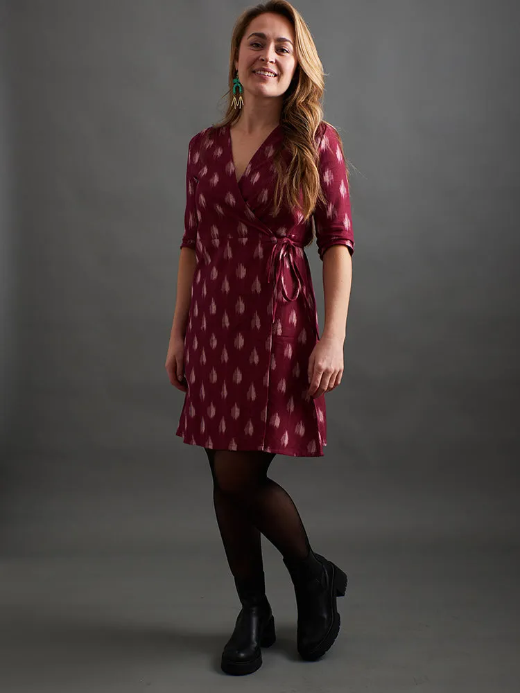 Dream Feel Adjustable Fastenings Anaya Wrap Dress - Garnet Ikat