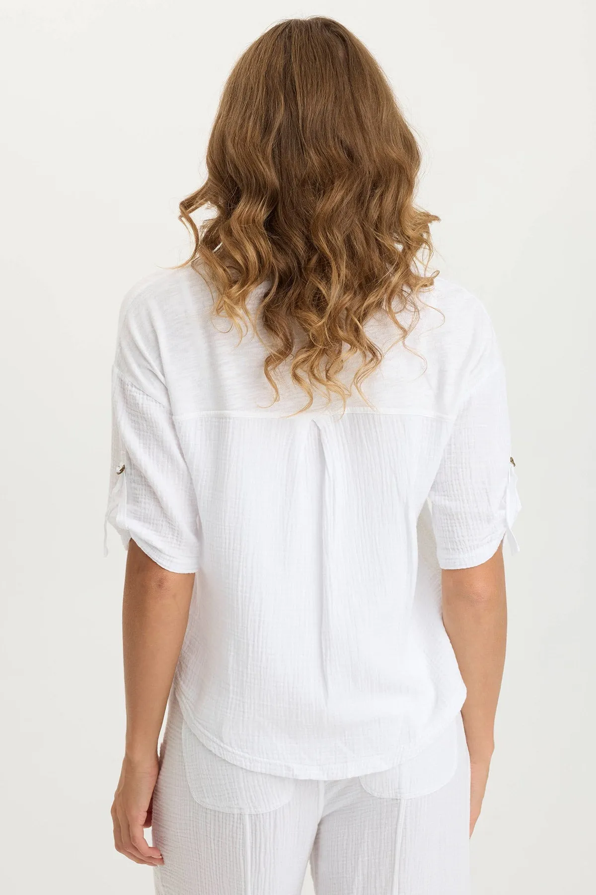 Maurise Gauze/Jersey Tabbed-Sleeve Snap-Up Top Gentle Power