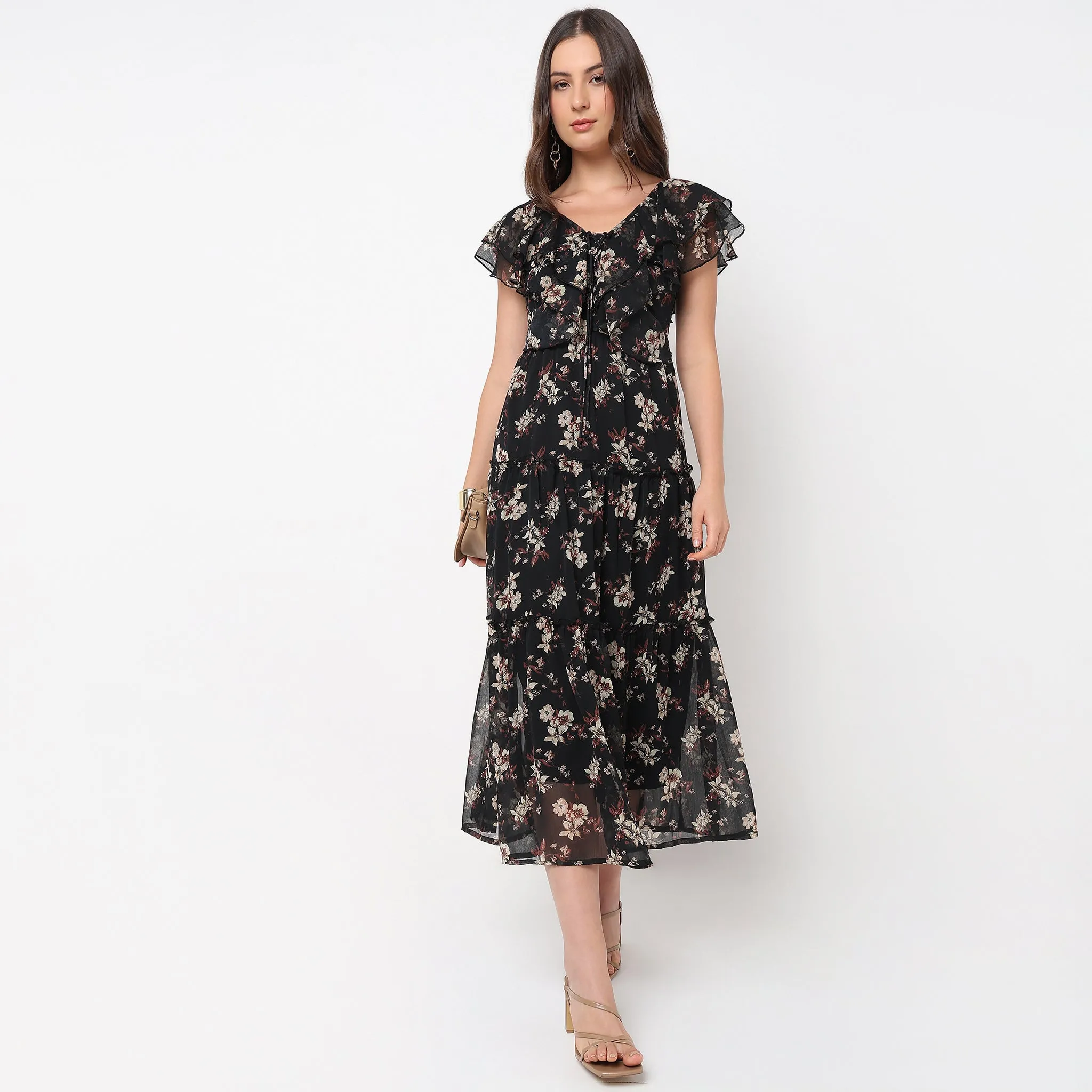 Flare Fit Floral Print V-Neck Dress Winter Fit River Core