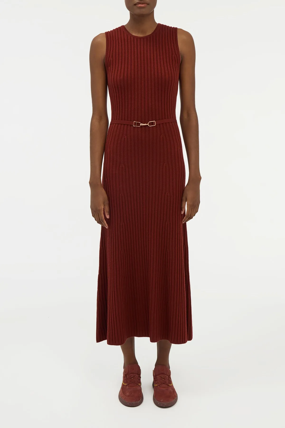 Meier Knit Midi Dress in Burnt Sienna Merino Wool Cashmere WrinkleFreeTexture Active Ease