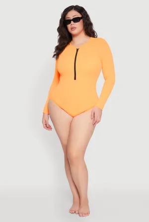 Recyclable Material Blend Plus Size Zip Front Rash Guard One Piece Swimsuit