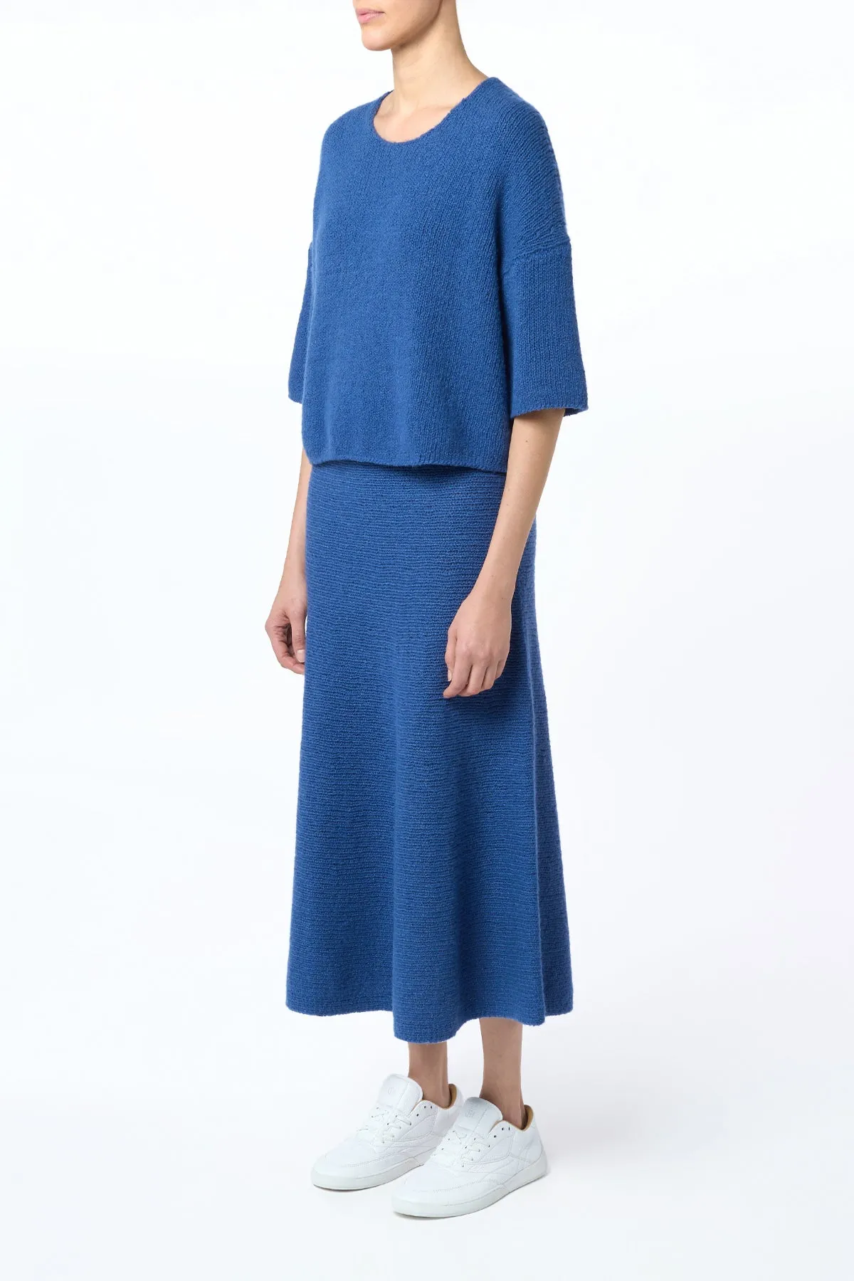 Sheer Glow Boho Light Ostara Knit Maxi Skirt in Dark Blue Denim Cashmere