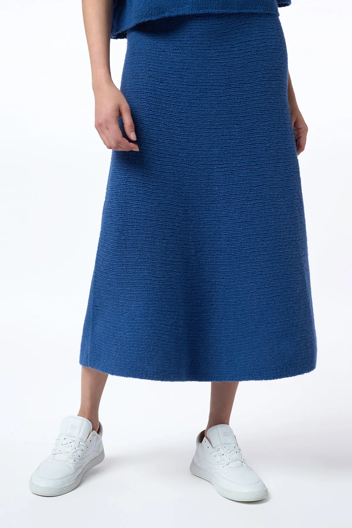 Ostara Knit Maxi Skirt in Dark Blue Denim Cashmere Pleated design