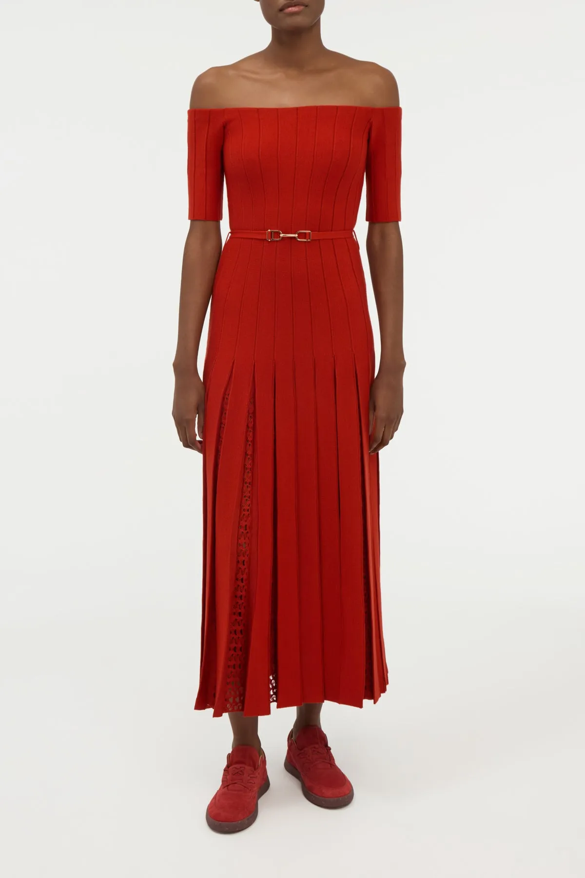 ReinforcedHem Metro Edge Kurt Knit Pleated Maxi Dress in Antelope Orange Merino Wool