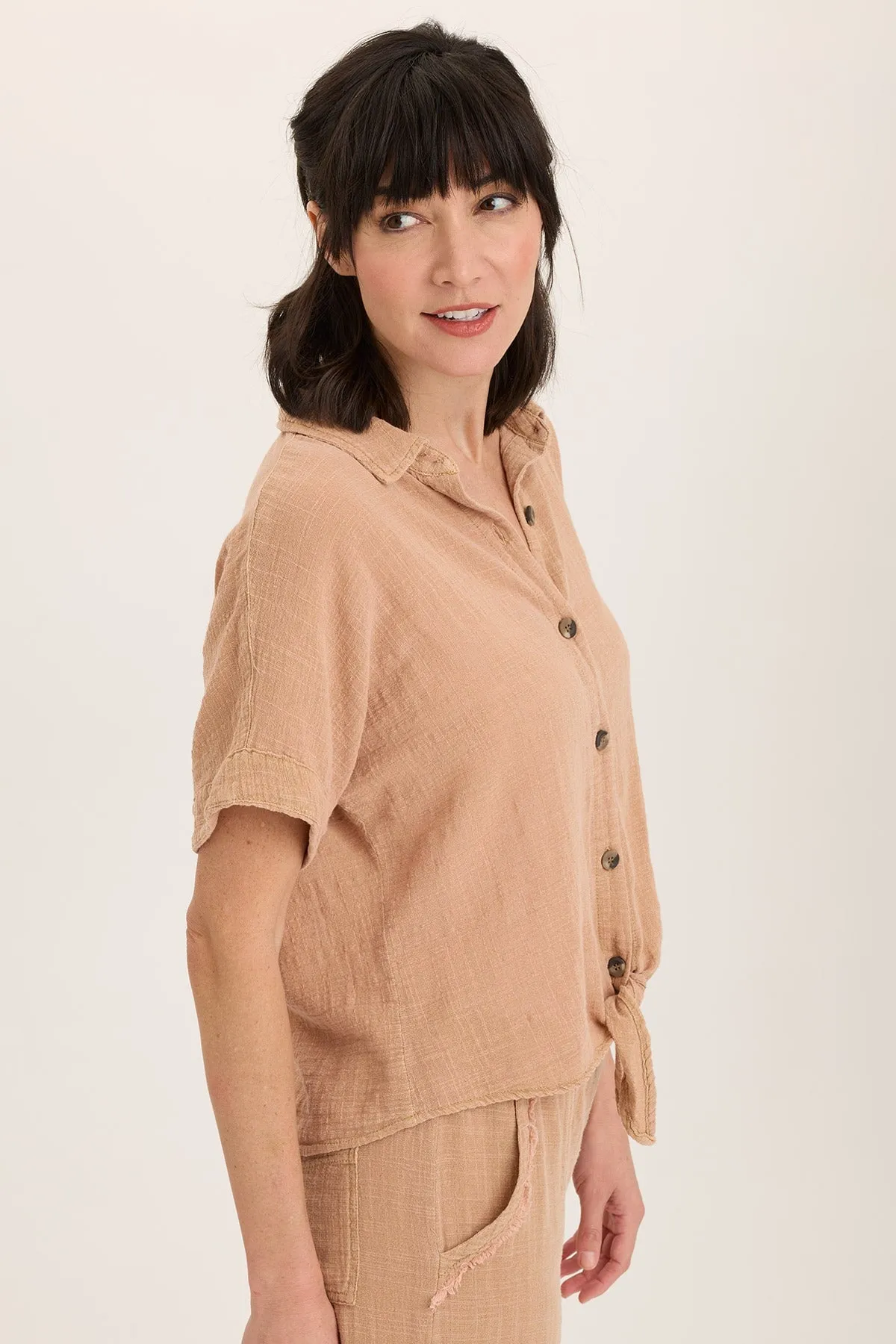 Teagan Gauze Tie-Up Top Boho Light Storm Core