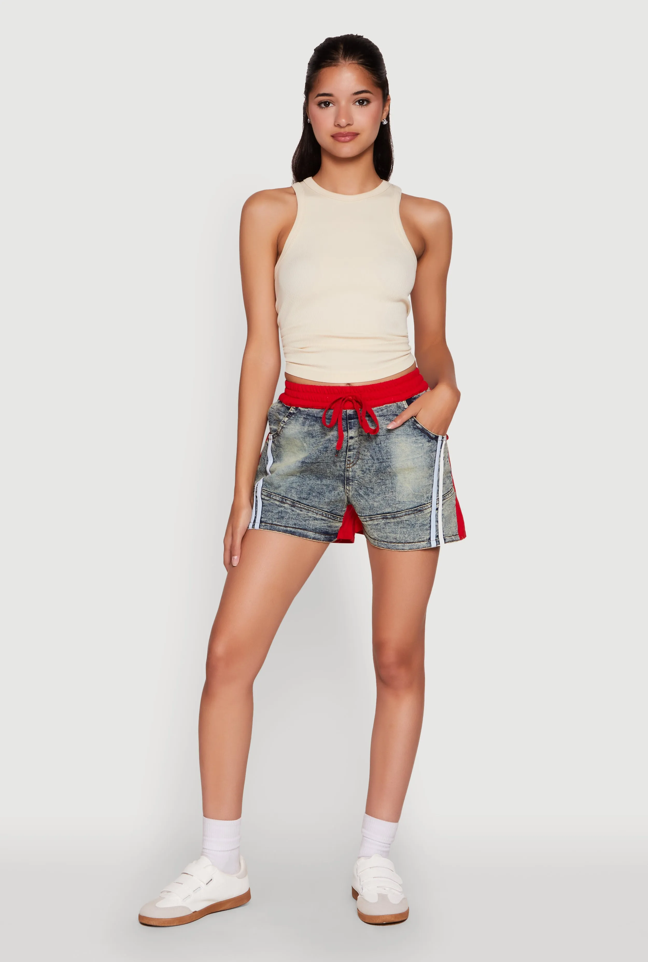 Trendy High Waisted Contrast Trim Sweatshorts poolside gear