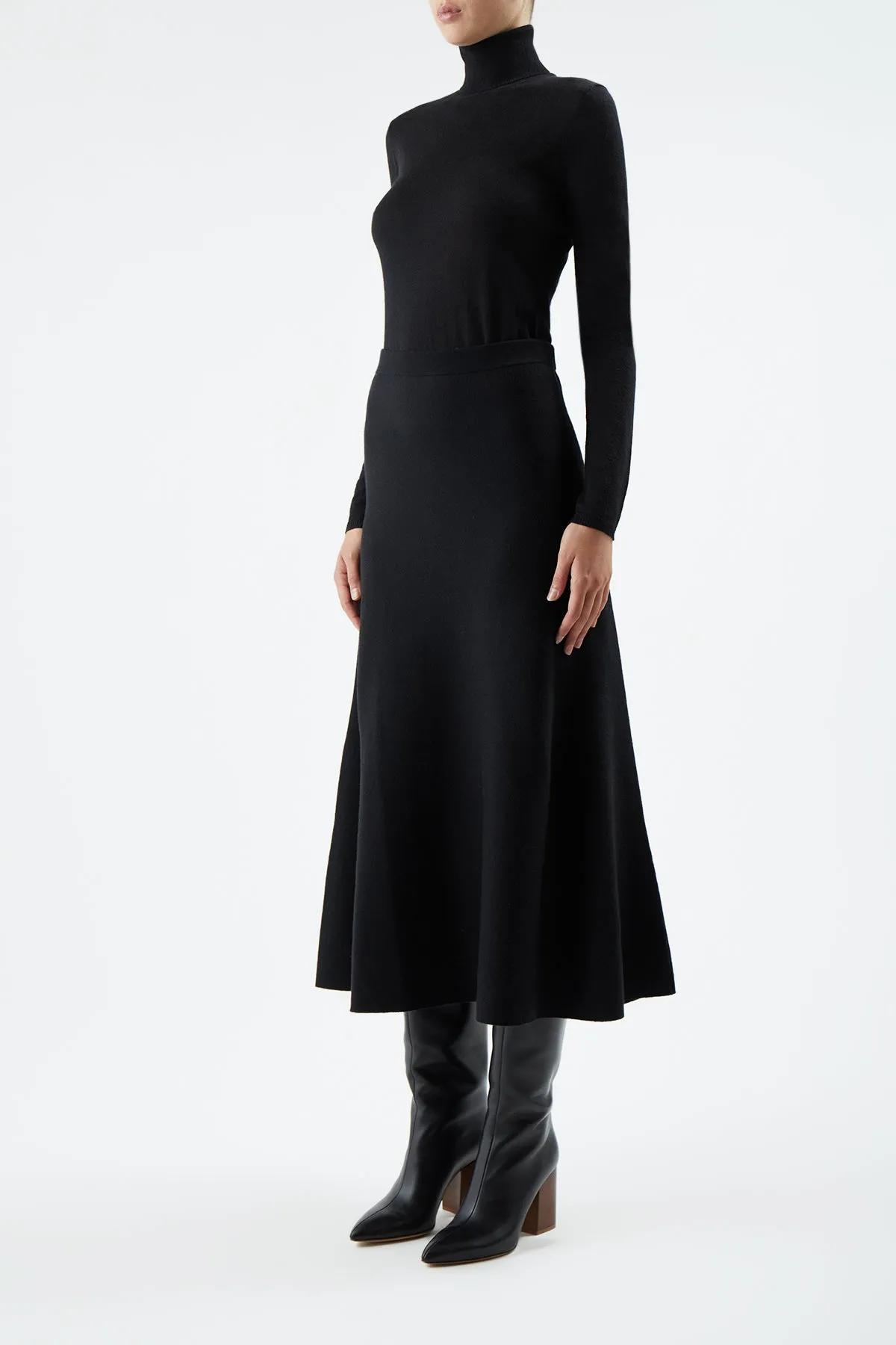Functional Detail Fashion Forward Freddie Knit Midi Skirt in Black Merino Wool Cashmere