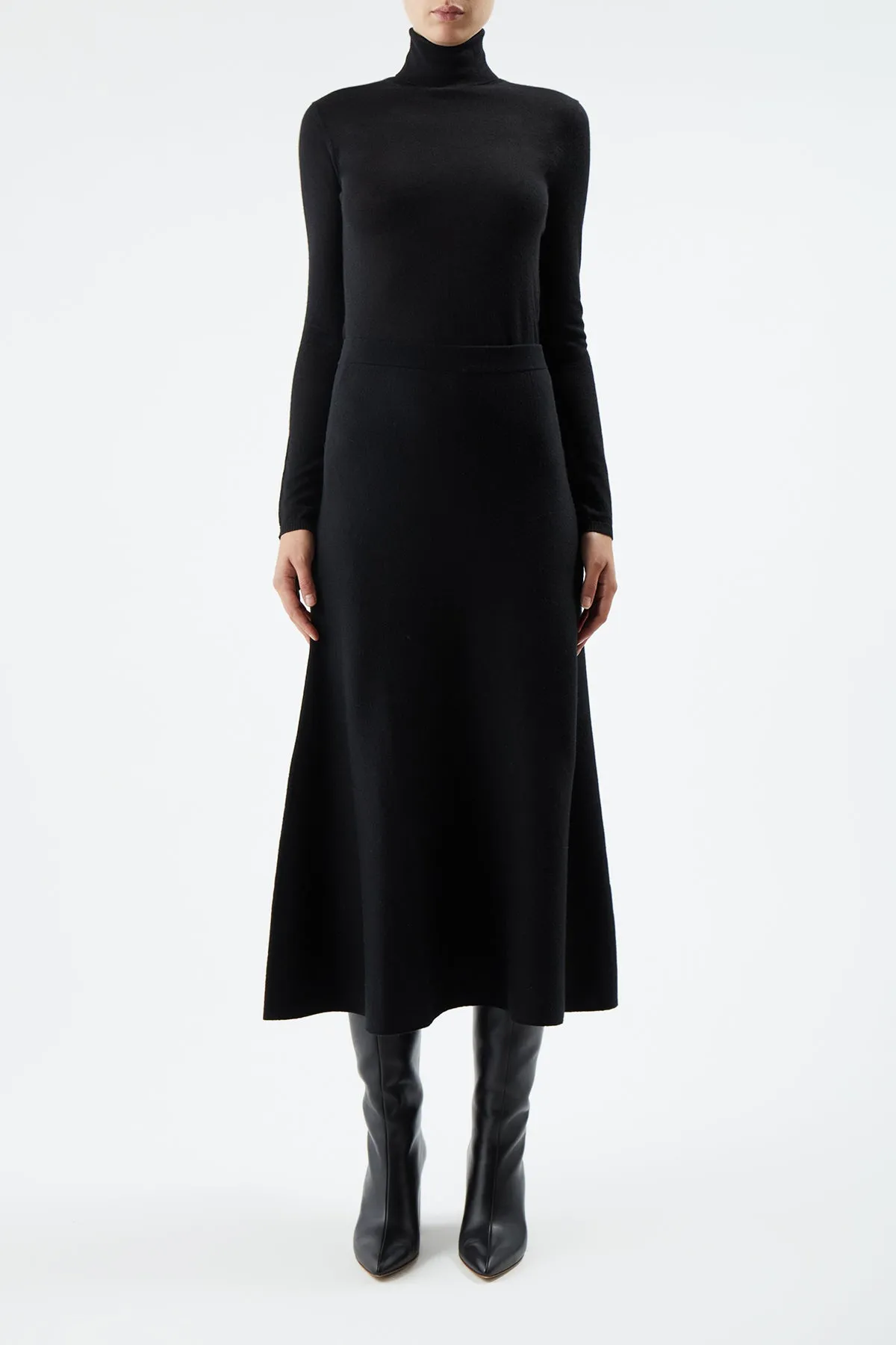 Freddie Knit Midi Skirt in Black Merino Wool Cashmere Draped Design Athleisure Inspired