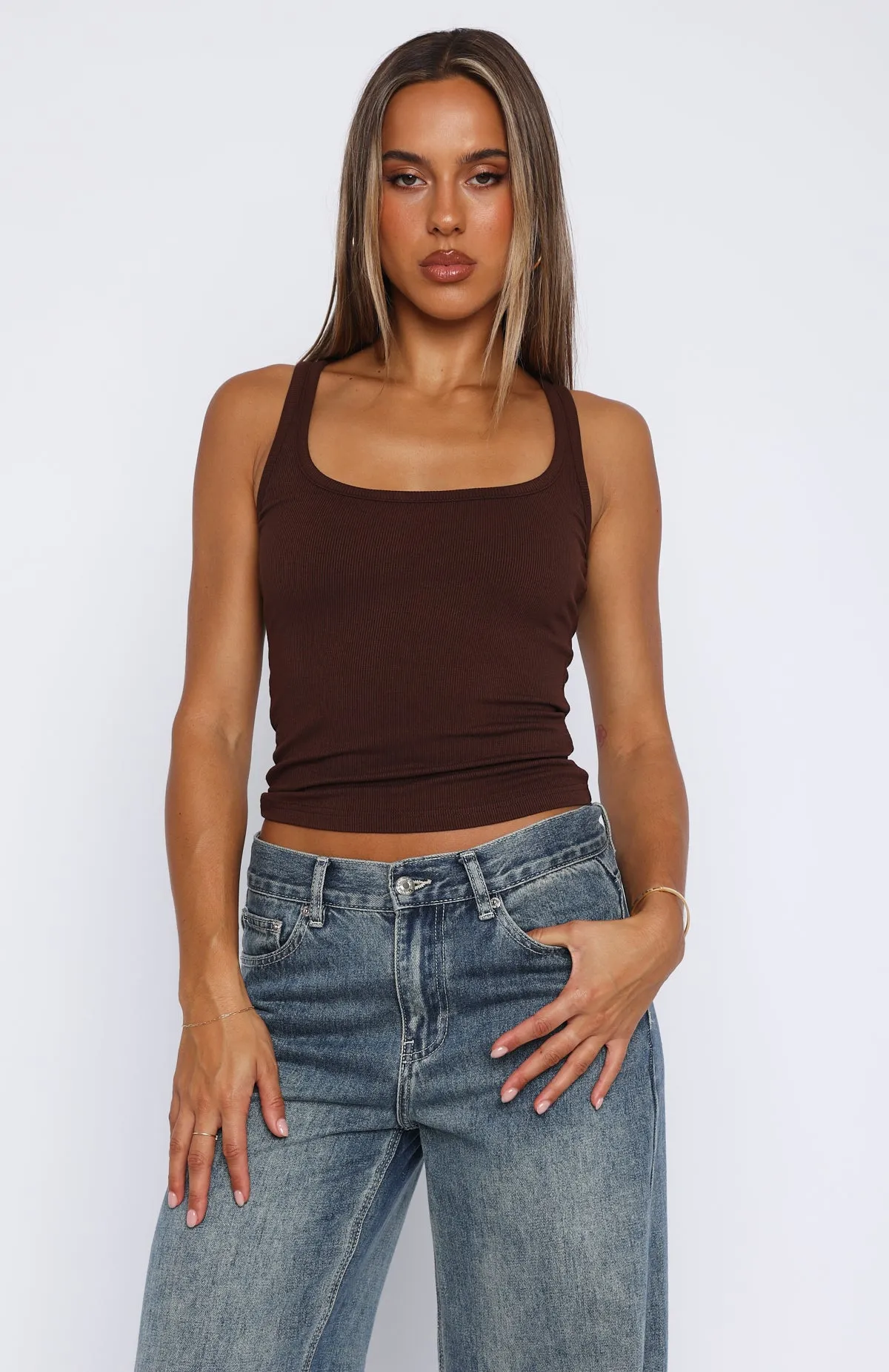 Filled With Life Ribbed Tank Chocolate Odor Resistant Treatment Silicone Grip Hem