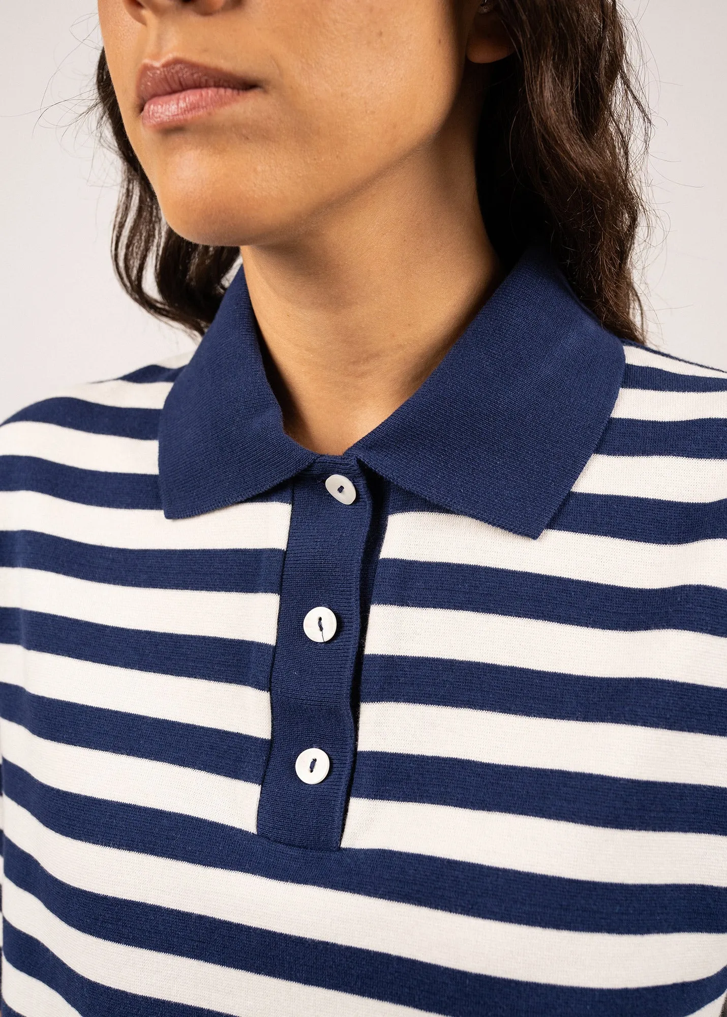CAROLA - Striped Cotton Polo Shirt  (INDIGO / IVORY) StaticResistant