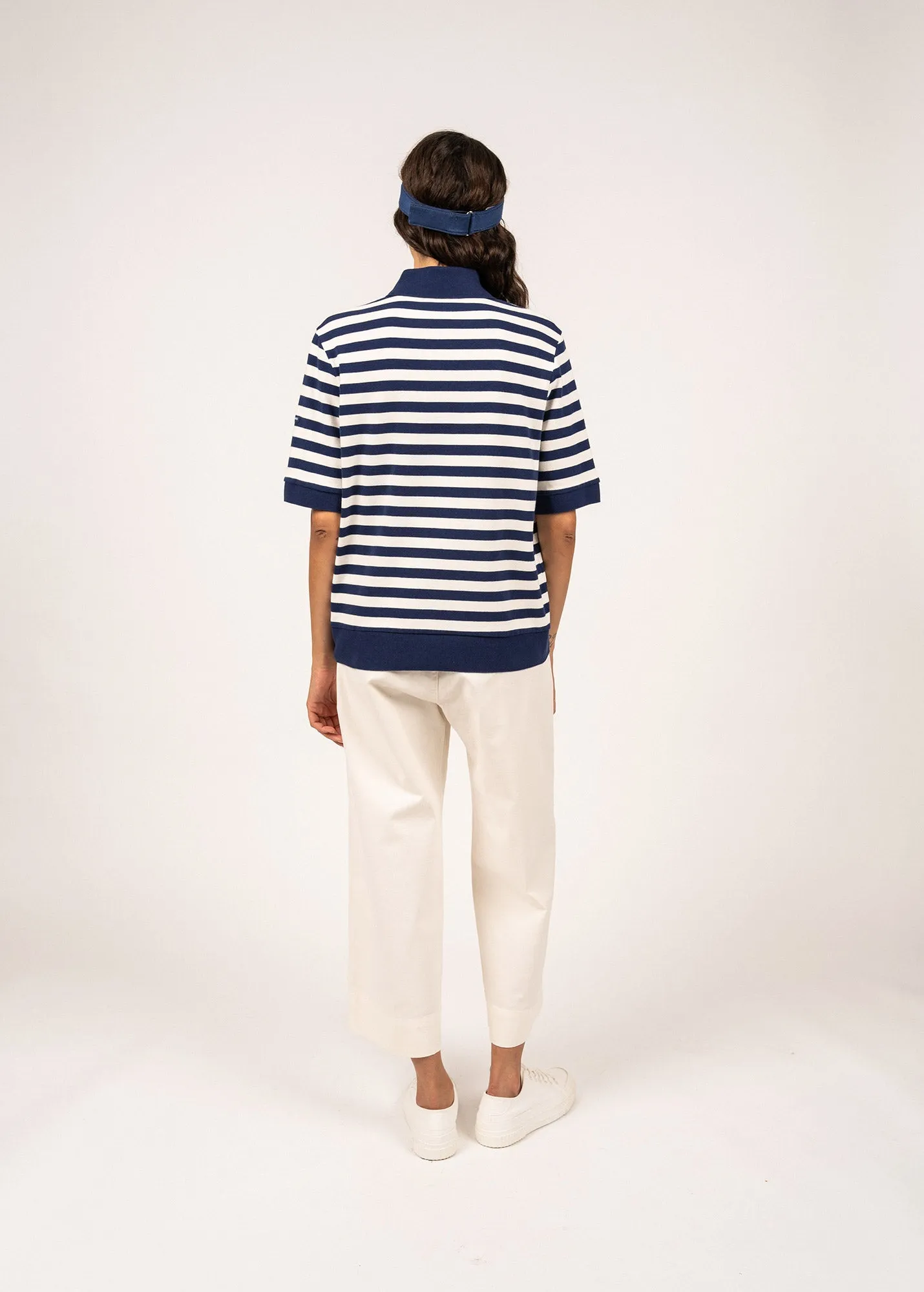 CAROLA - Striped Cotton Polo Shirt  (INDIGO / IVORY) AntiSnagTechnology TactileStitching