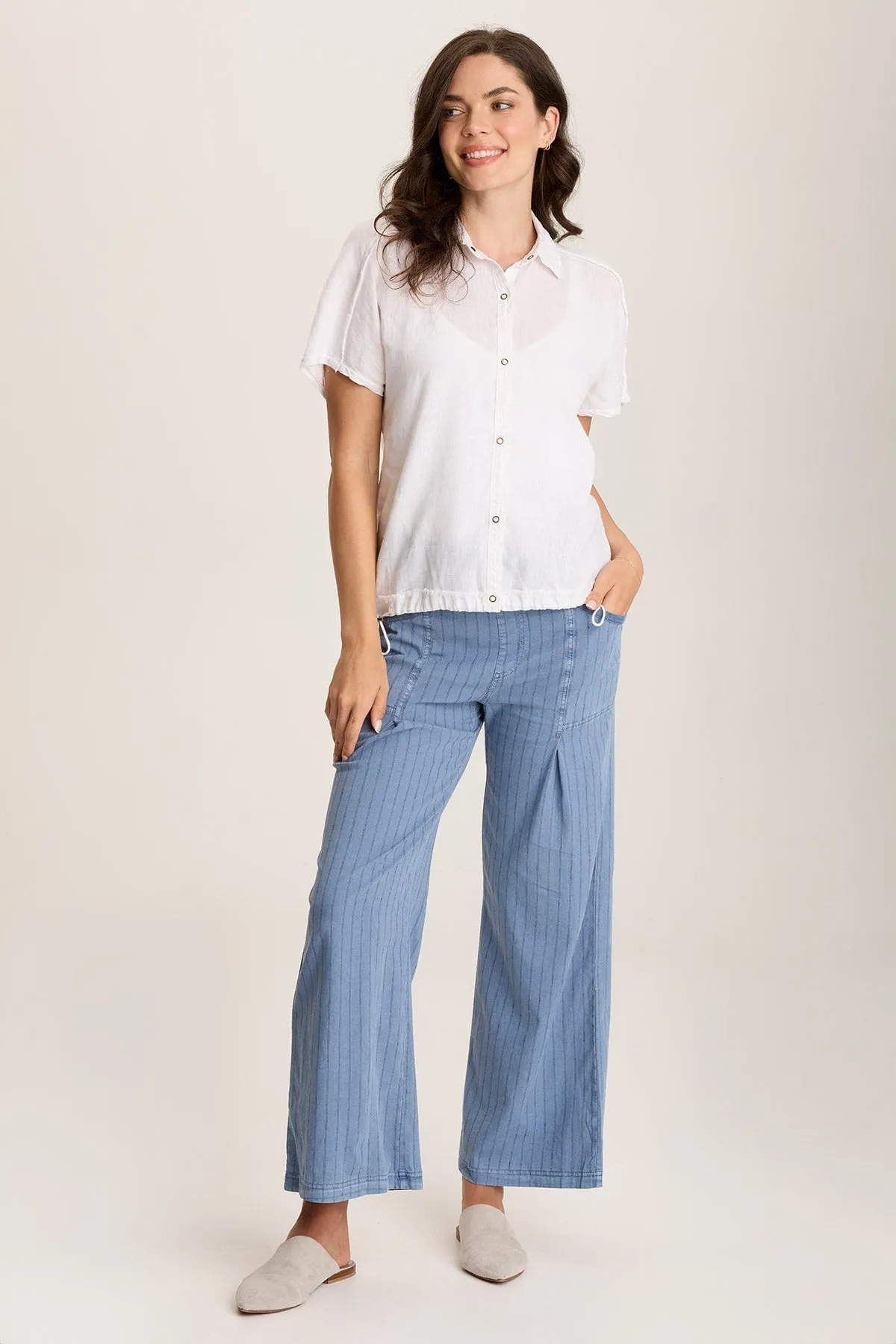 Inola Linen Cinched Button-Up Top Craft Edge Free Shape